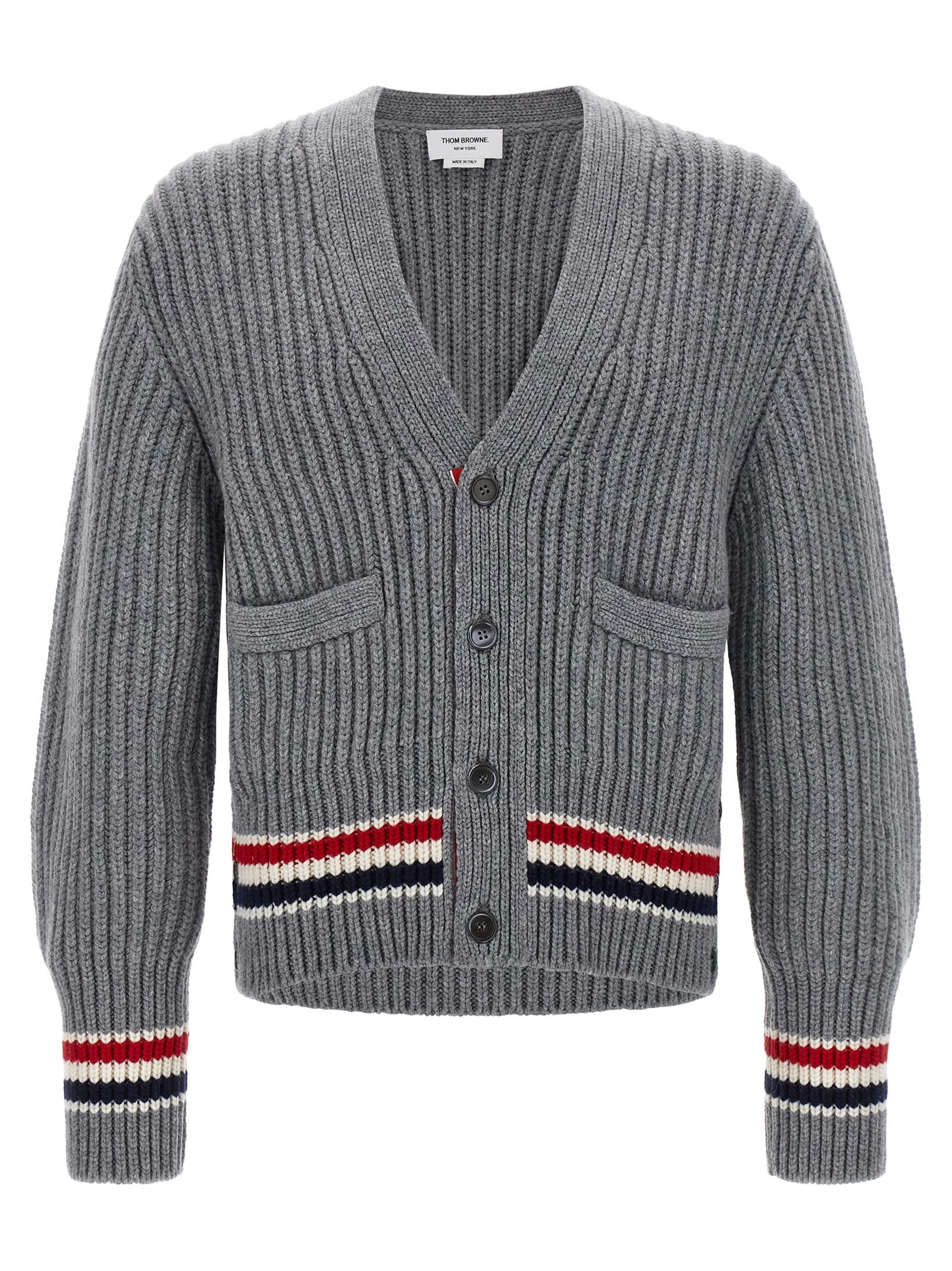 Thom Browne Striped V-neck Cardigan Front Pockets In Gray