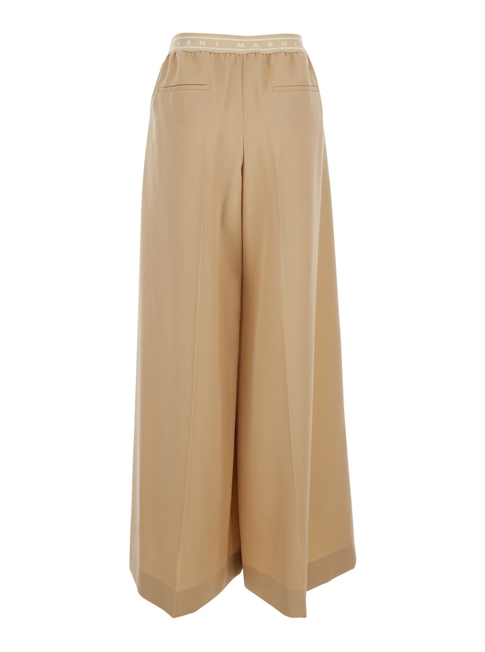 Marni Beige Pants With Elastic Waist And Logo Lettering In Wool Woman In Brown
