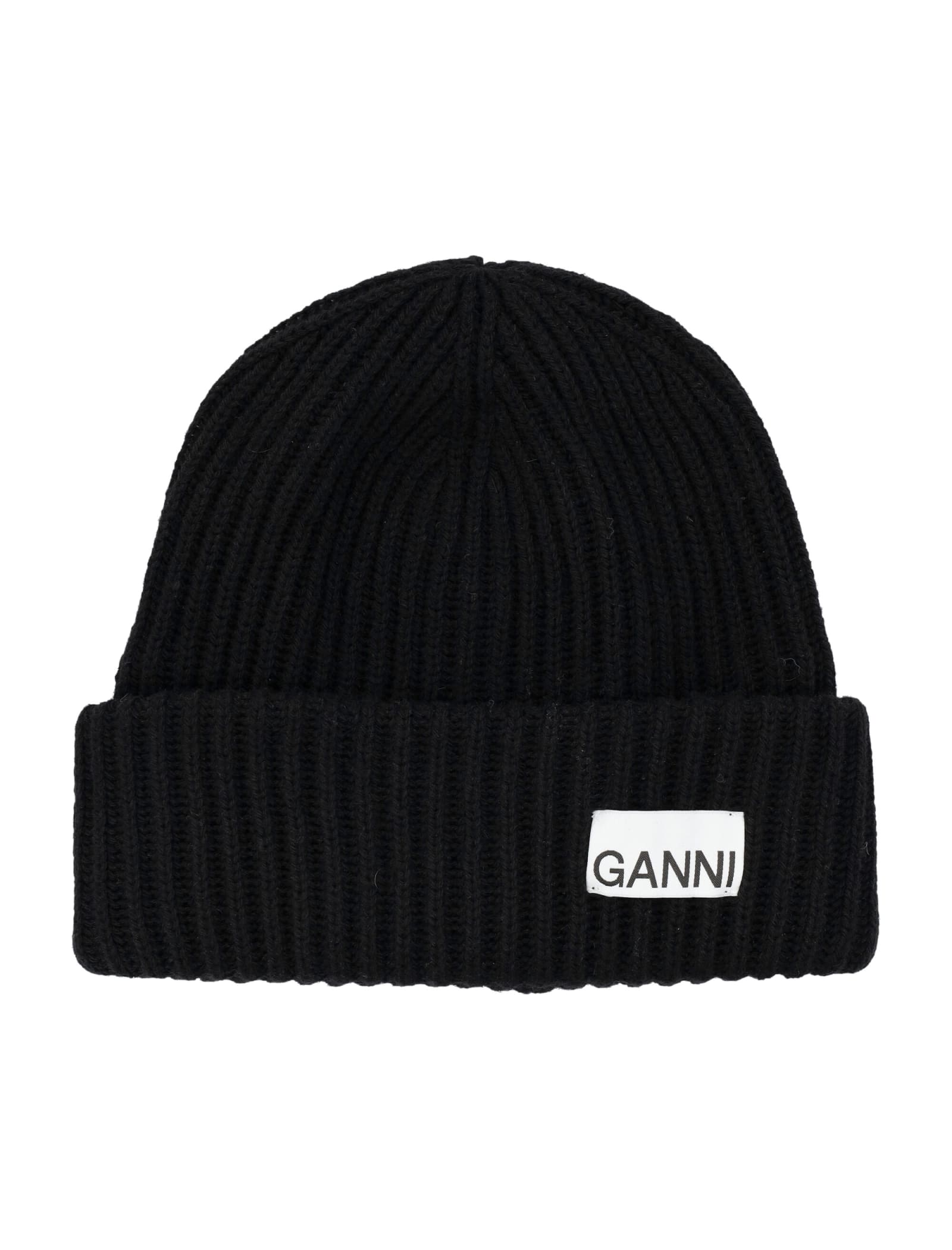Ganni Ribbed Wool Logo Beanie In Black