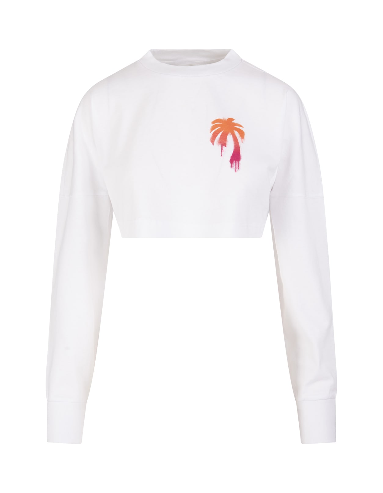 Palm Angels Woman Long Sleeve White Crop T-shirt With Patent-effect Palm Logo