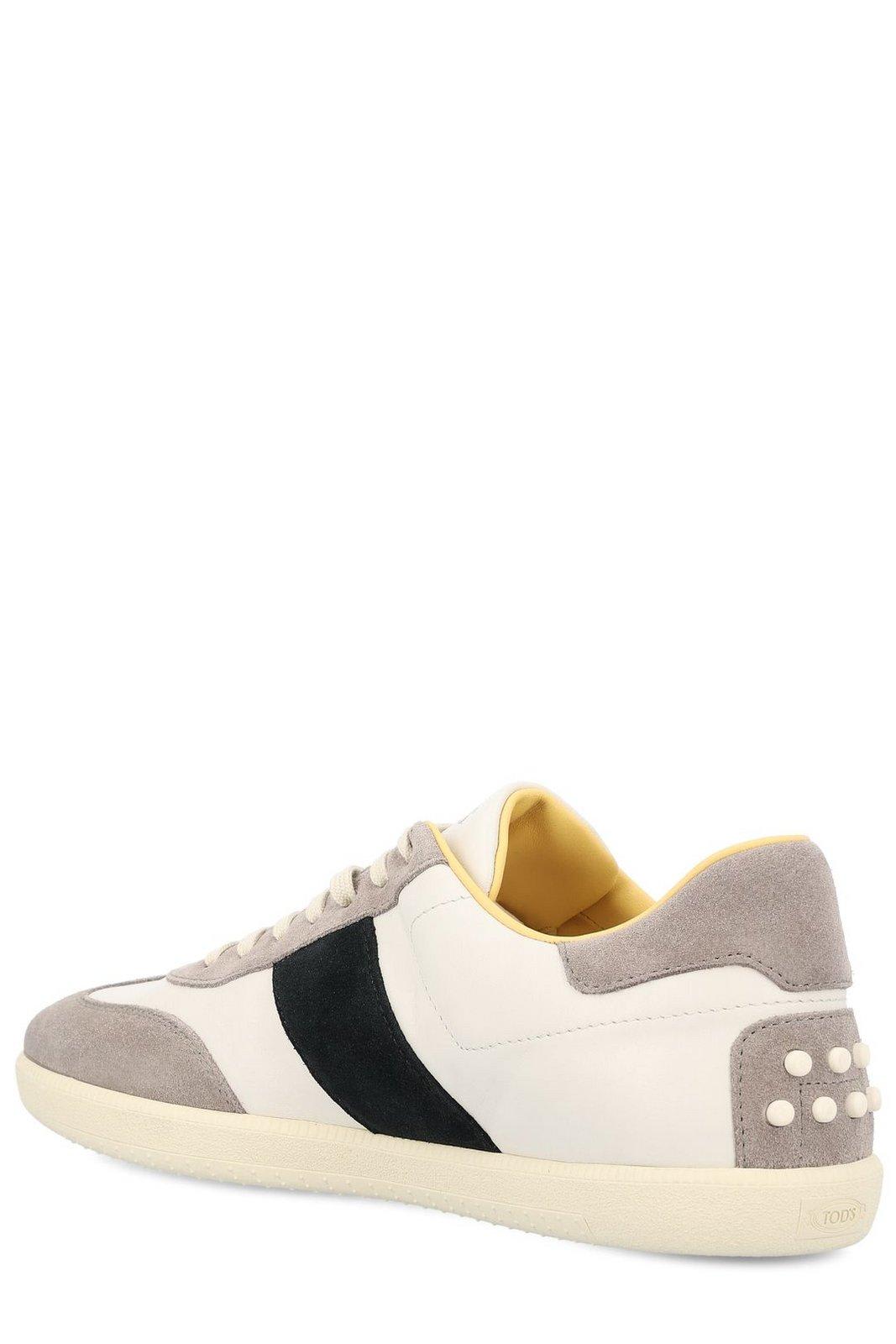 Tod's Color-blocked Leather Sneakers With Signature Gommino Sole In Bianco Nero Grigio