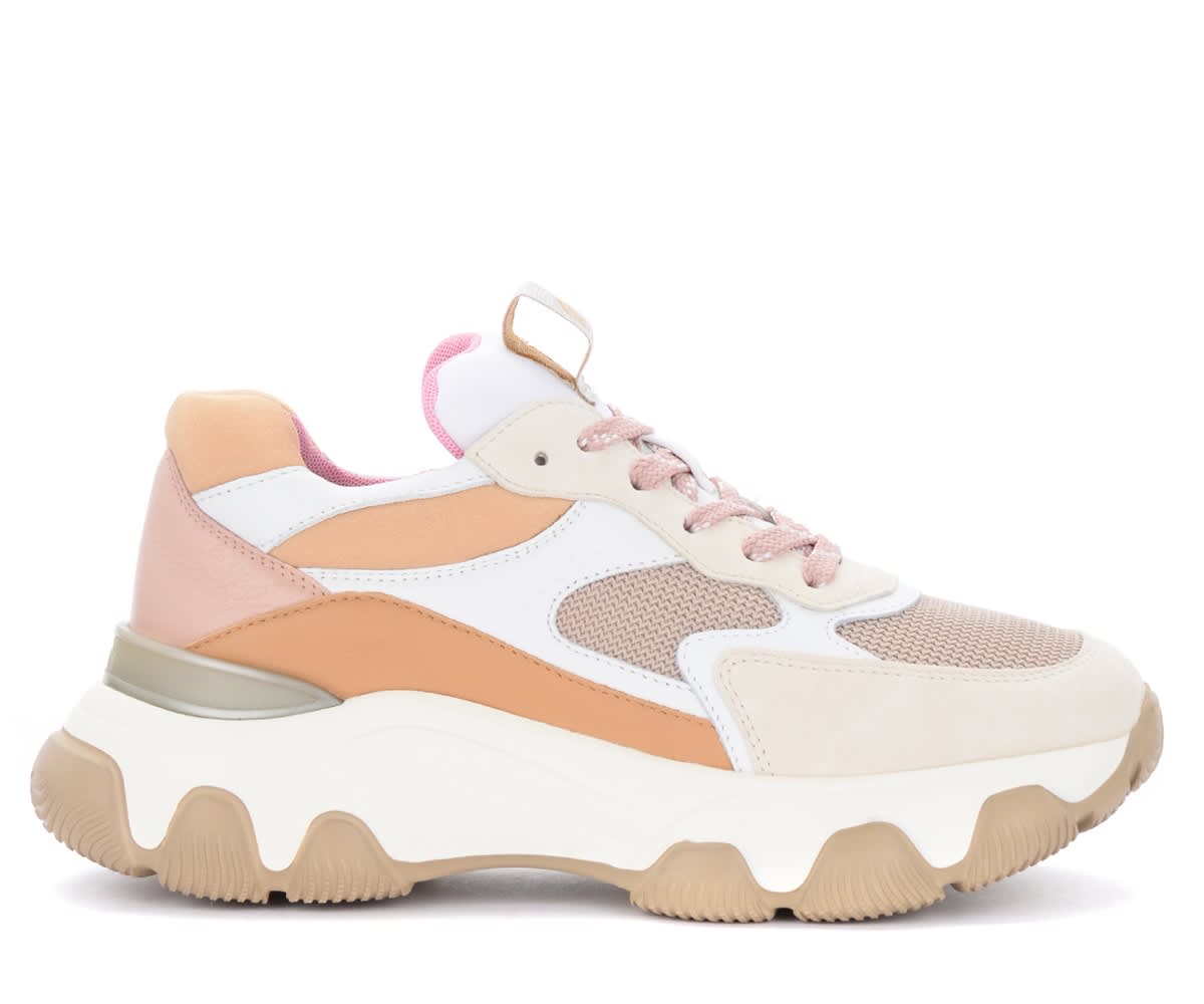 Hogan Hyperactive Sneakers In White, Beige And Pink Leather