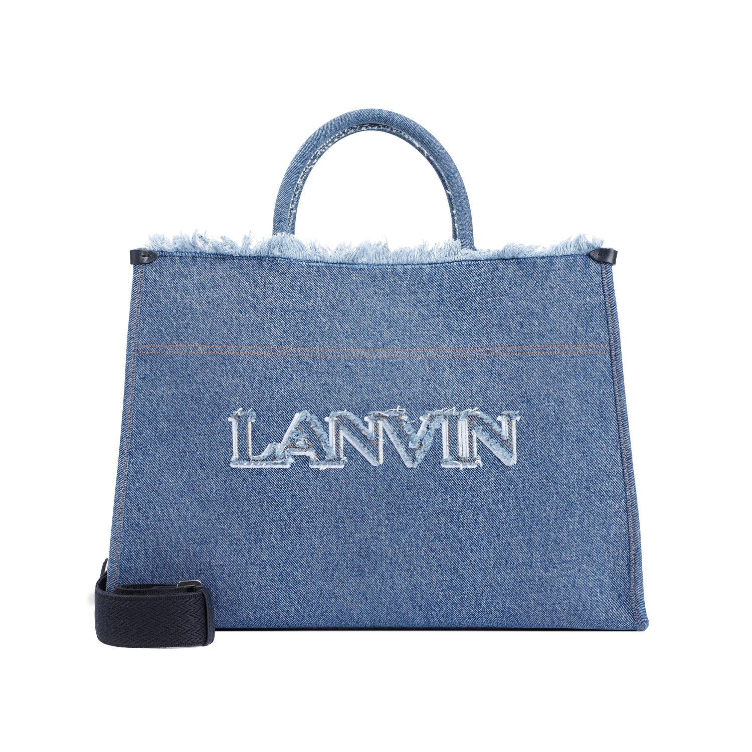 Shop Lanvin Fringe Detail Logo Tote In Denim Blue