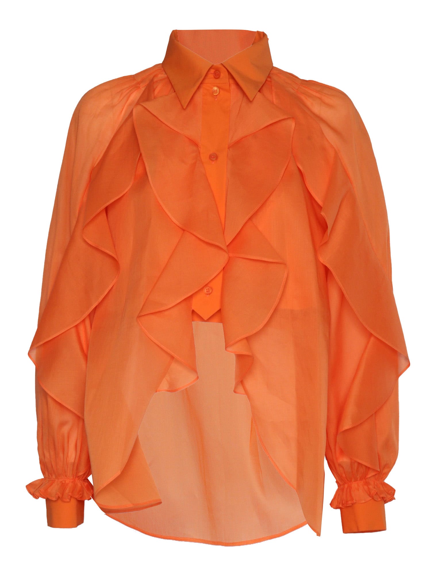 Alberta Ferretti Cotton Shirt With Cuffed And Ruffled Sleeves In Orange