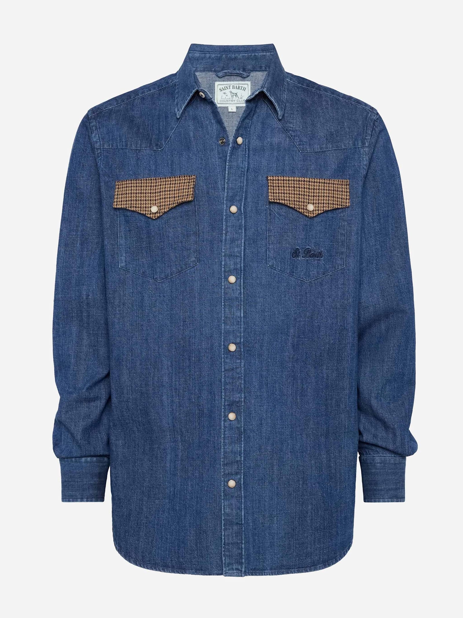 Mc2 Saint Barth Denim Shirt Greg With Pied De Poul Patches In Blue