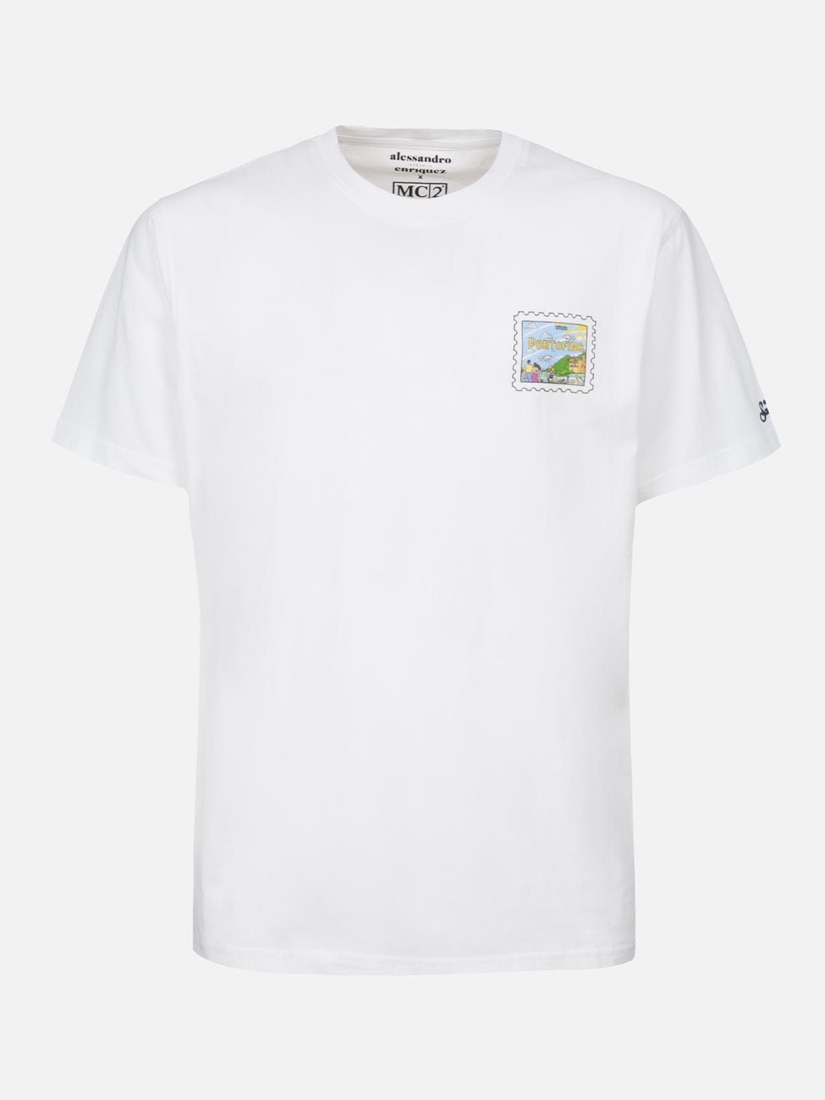 Mc2 Saint Barth Man Cotton T-shirt With Portofino Postcard Front And Back Print Alessandro Enriquez Special Edition In White