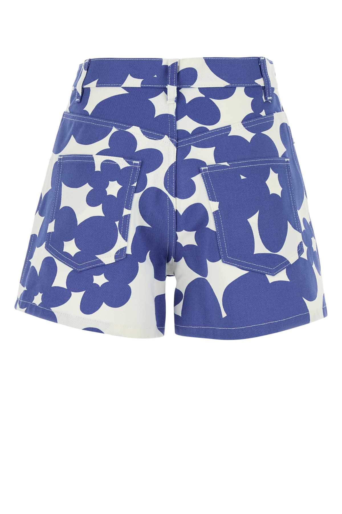 Marni White Cotton Gabardine Shorts With Floral Motif In Bluelilac