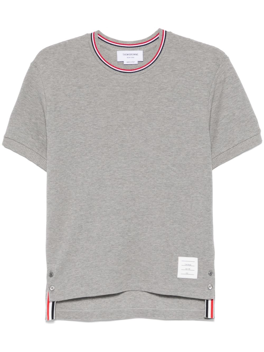 Thom Browne Short-sleeve Cotton T-shirt With Striped Neckline And Snap Hem In Gray