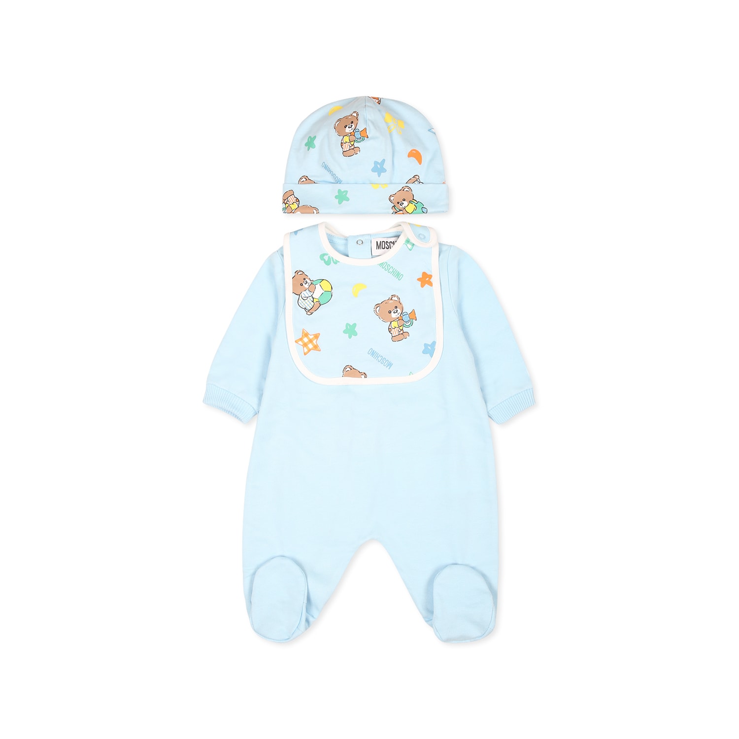 MOSCHINO LIGHT BLUE SET BABYGROW FOR BABY BOY WITH TEDDY BEAR 