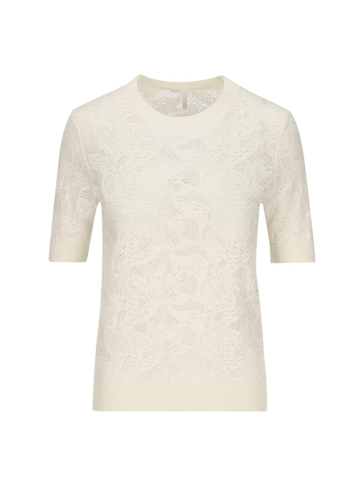 Chloé Short-sleeved Jacquard Silk Blend Sweater In Bianco