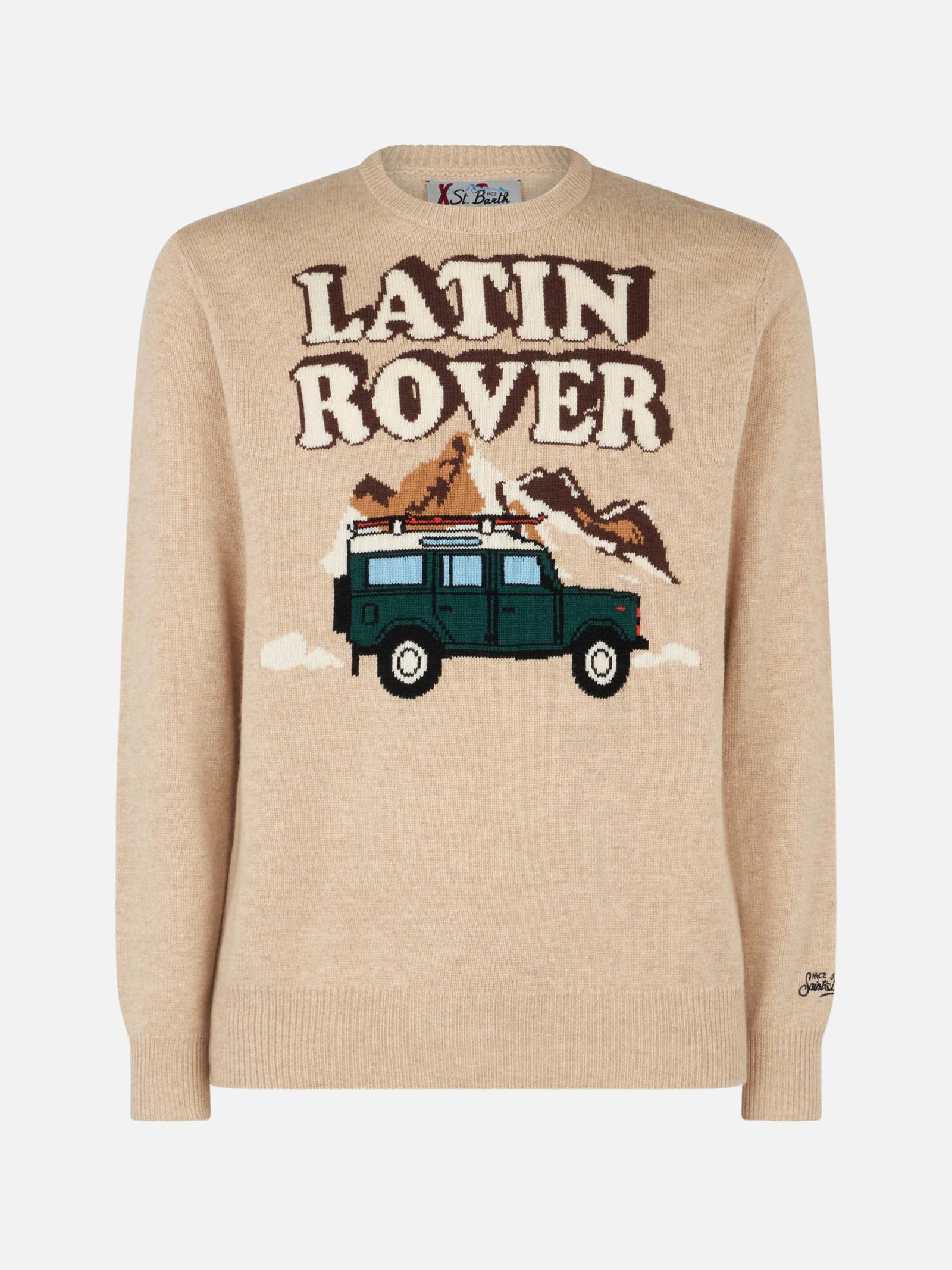 Mc2 Saint Barth Man Crewneck Sweater With Latin Rover Jacquard Print In Brown