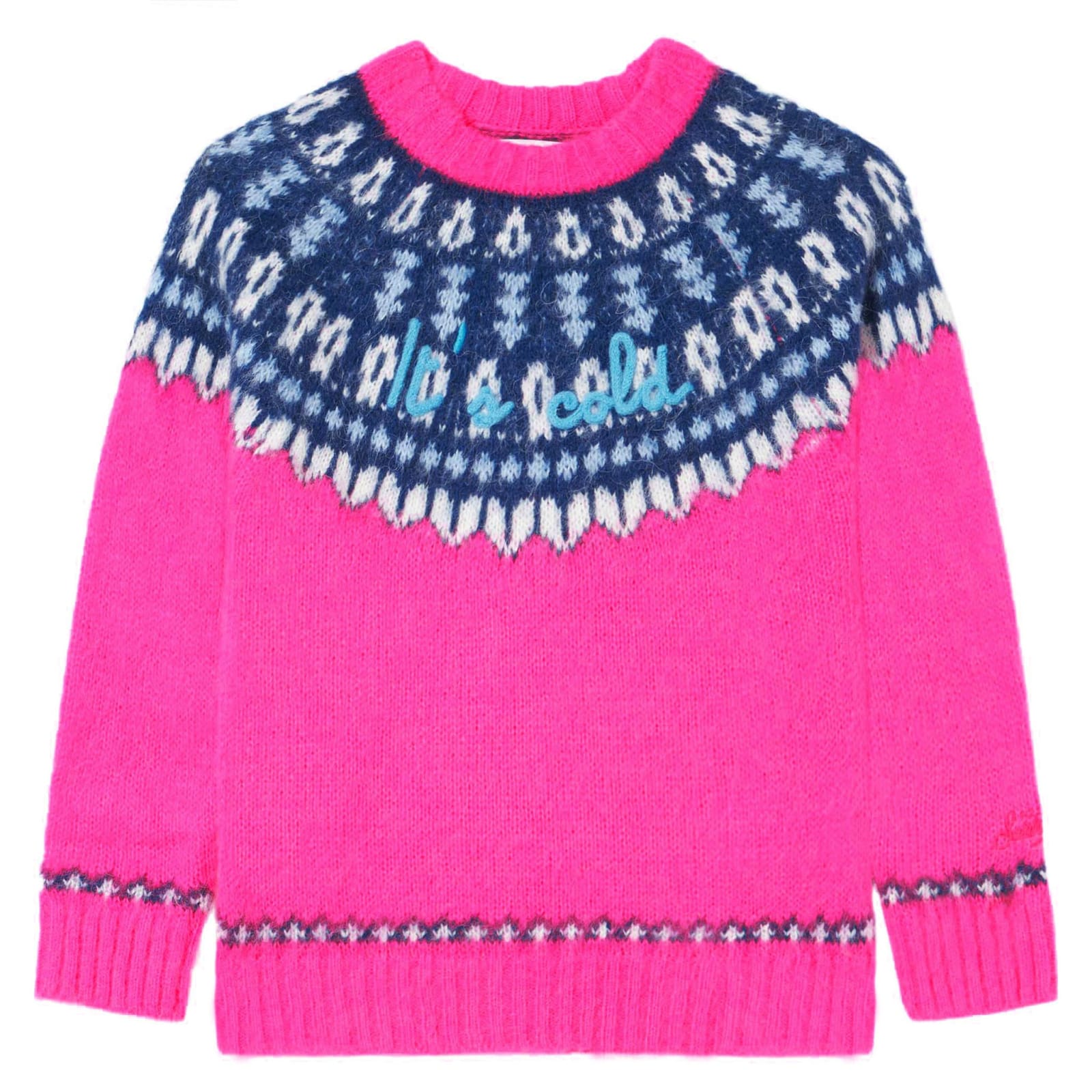 Mc2 Saint Barth Kids' Girl Brushed Crewneck Sweater With Nordic Jacquard In Pink