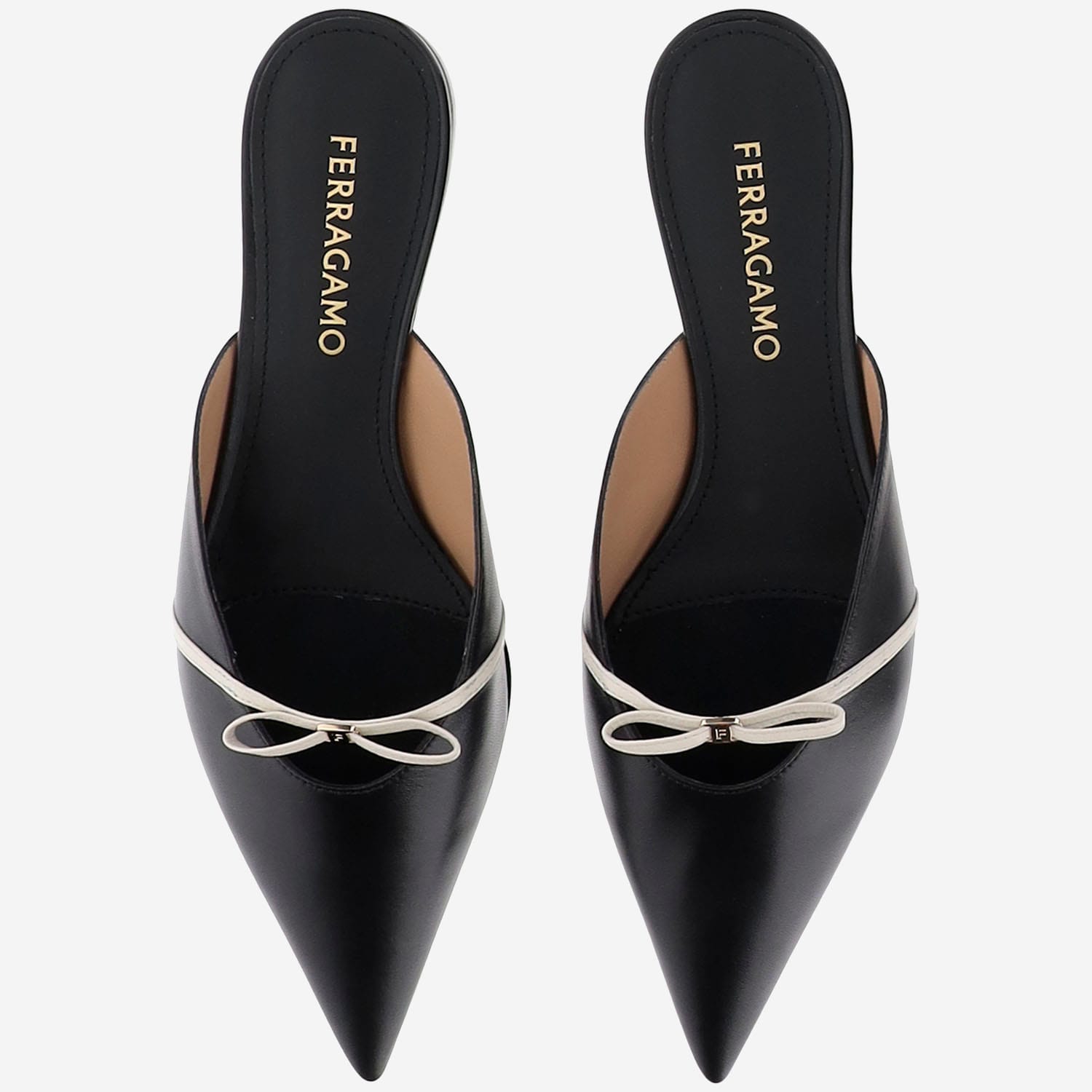 Ferragamo Bow Pointed Toe Mules In Black