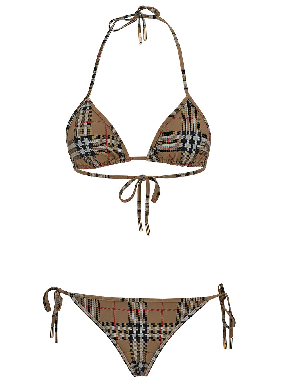 Burberry Beige Bikini With Vintage Check Motif In Stretch Nylon Woman In Brown