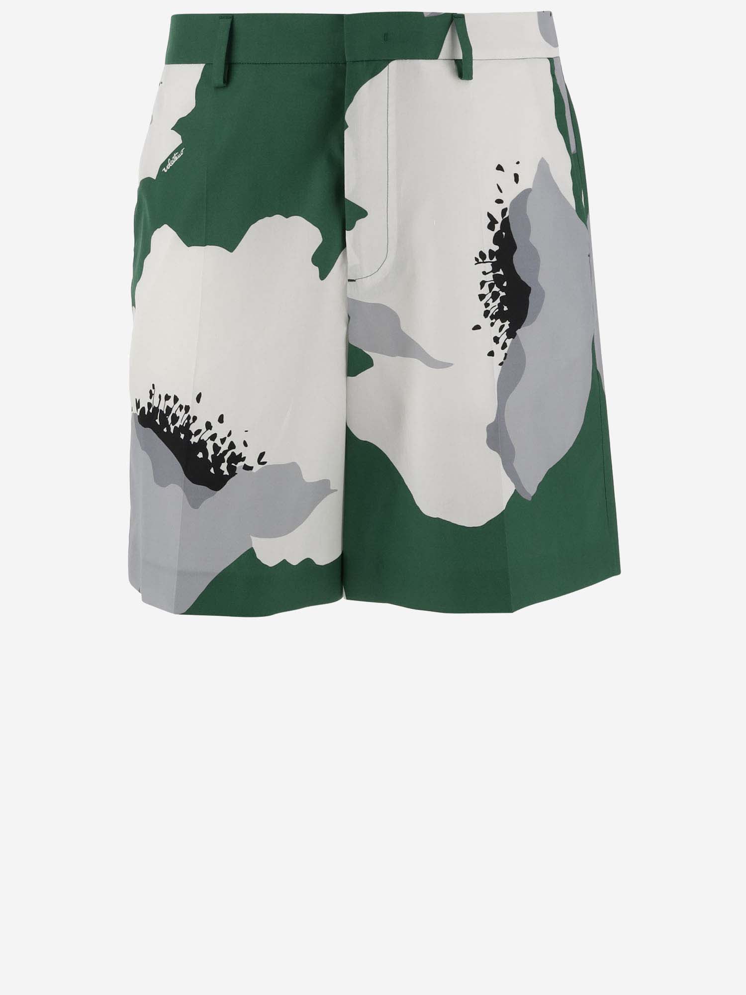 Shop Valentino Cotton Poplin Bermuda Shorts With  Flower Portrait Print In Smeraldo/grigio