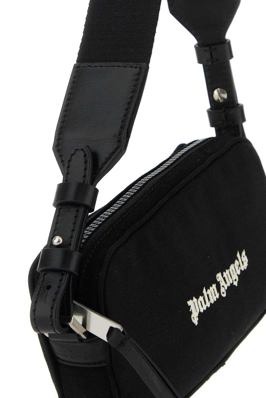 Shop Palm Angels Monogram Embroidered Zipped Messenger Bag In Nero/bianco