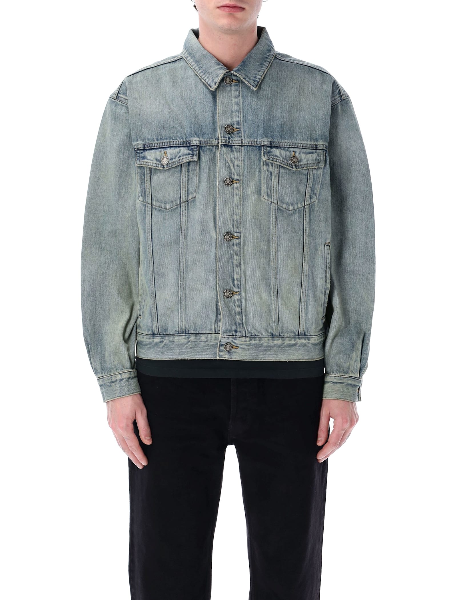 Saint Laurent Trucker Puffer Jackets Blue In Gray