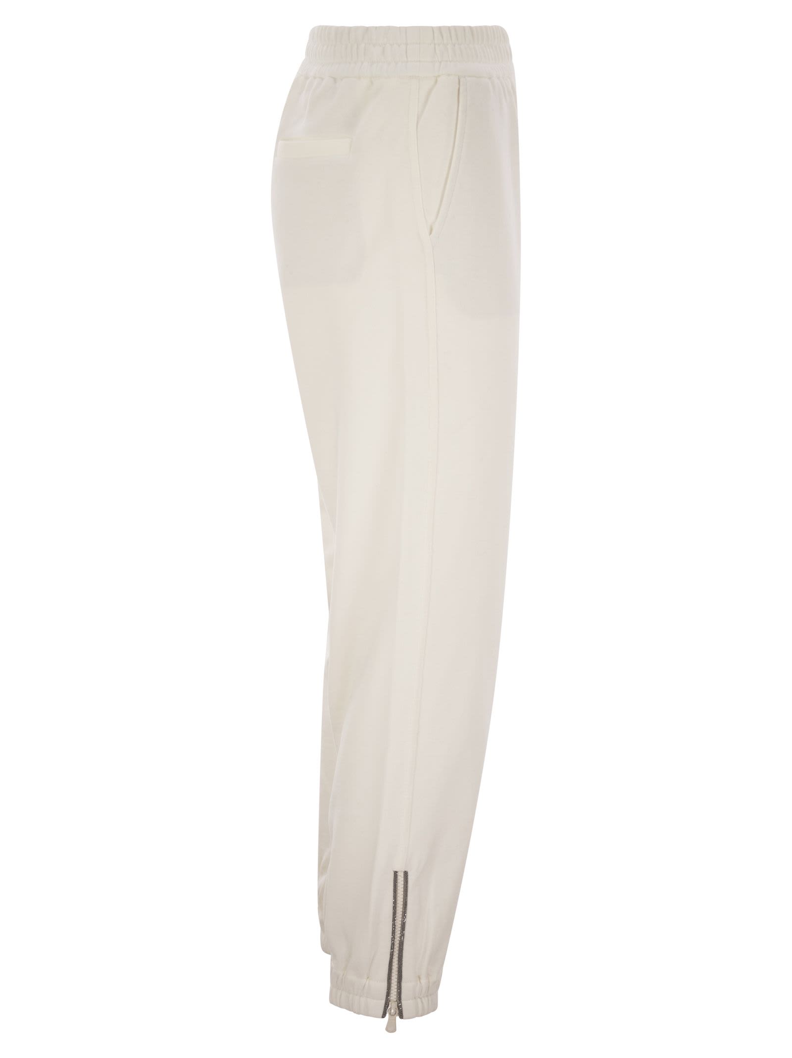 Shop Brunello Cucinelli Track Trousers In Cotton Fleece Smooth With Precious Zipper Cuffs In White