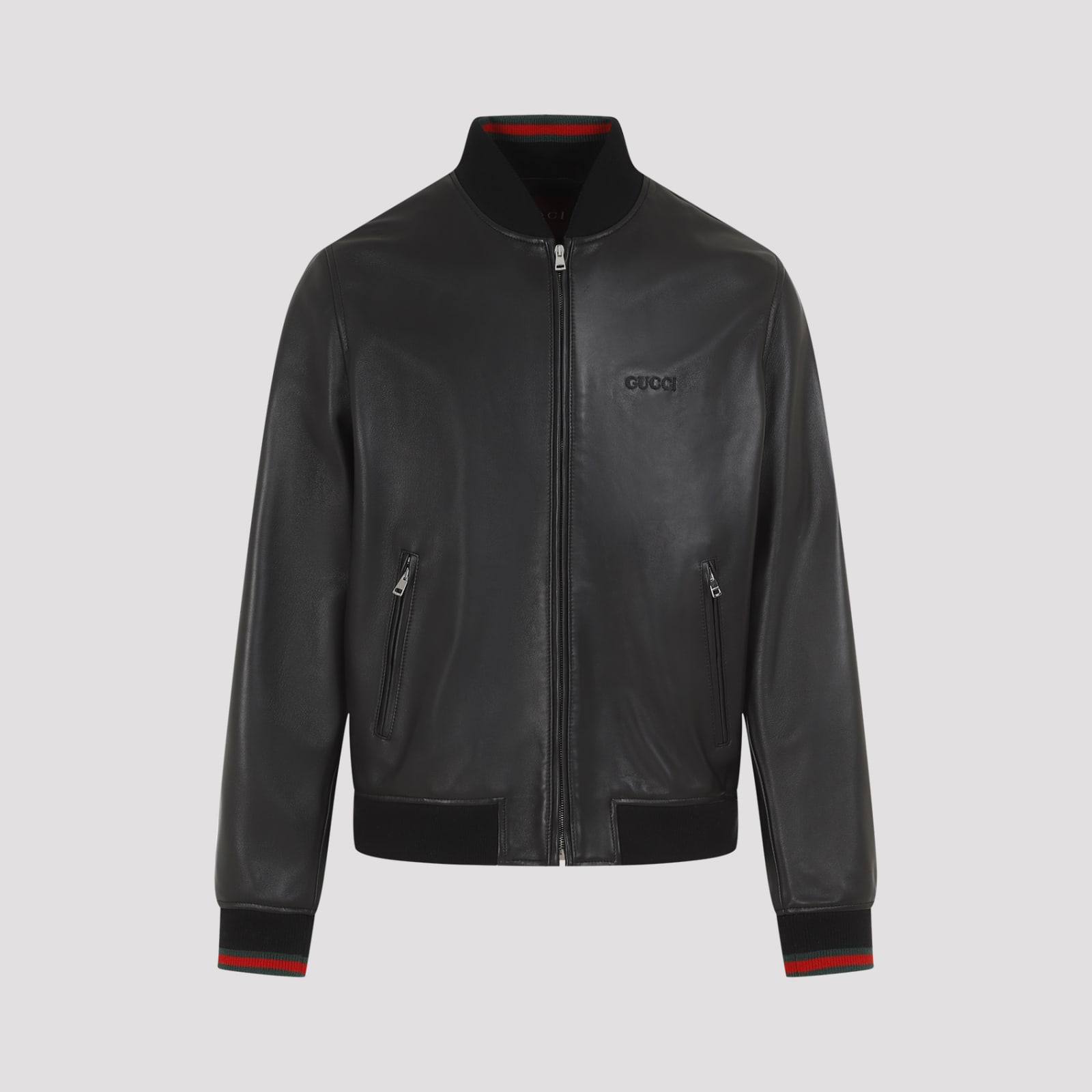 Gucci Black Bomber Jacket With Front Logo In Nappa Leather And Mesh Man In Black Green Red