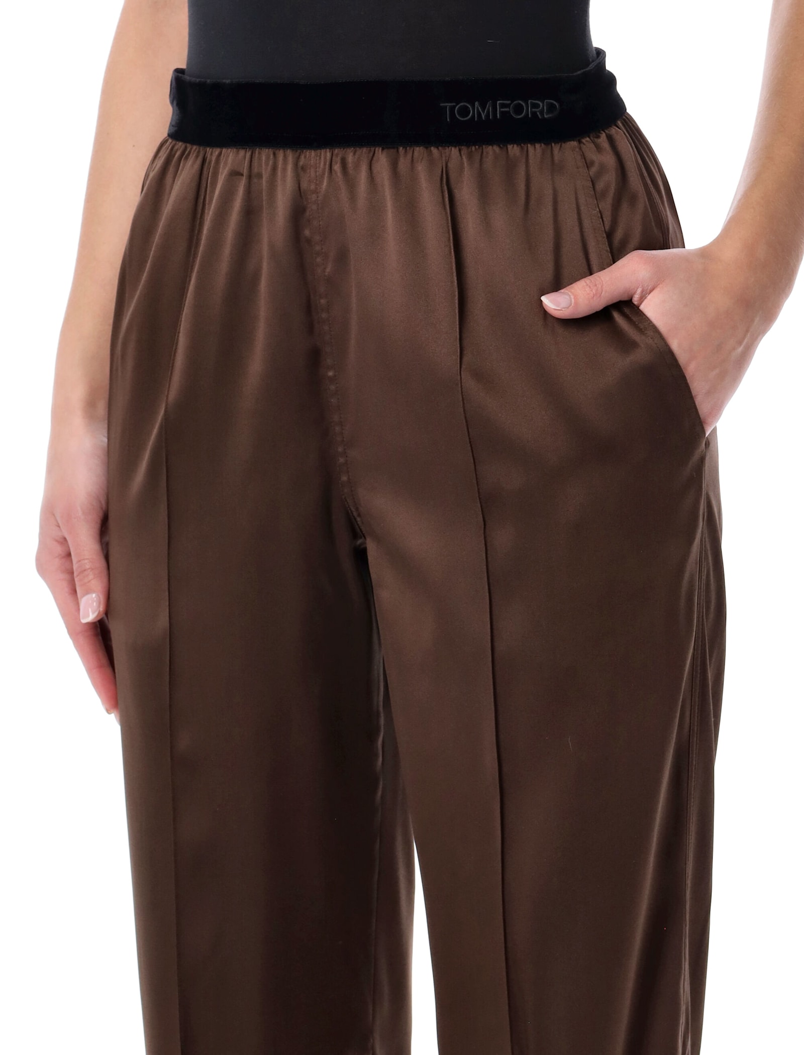 Tom Ford Stretch Silk Satin Pj Pants In Brown