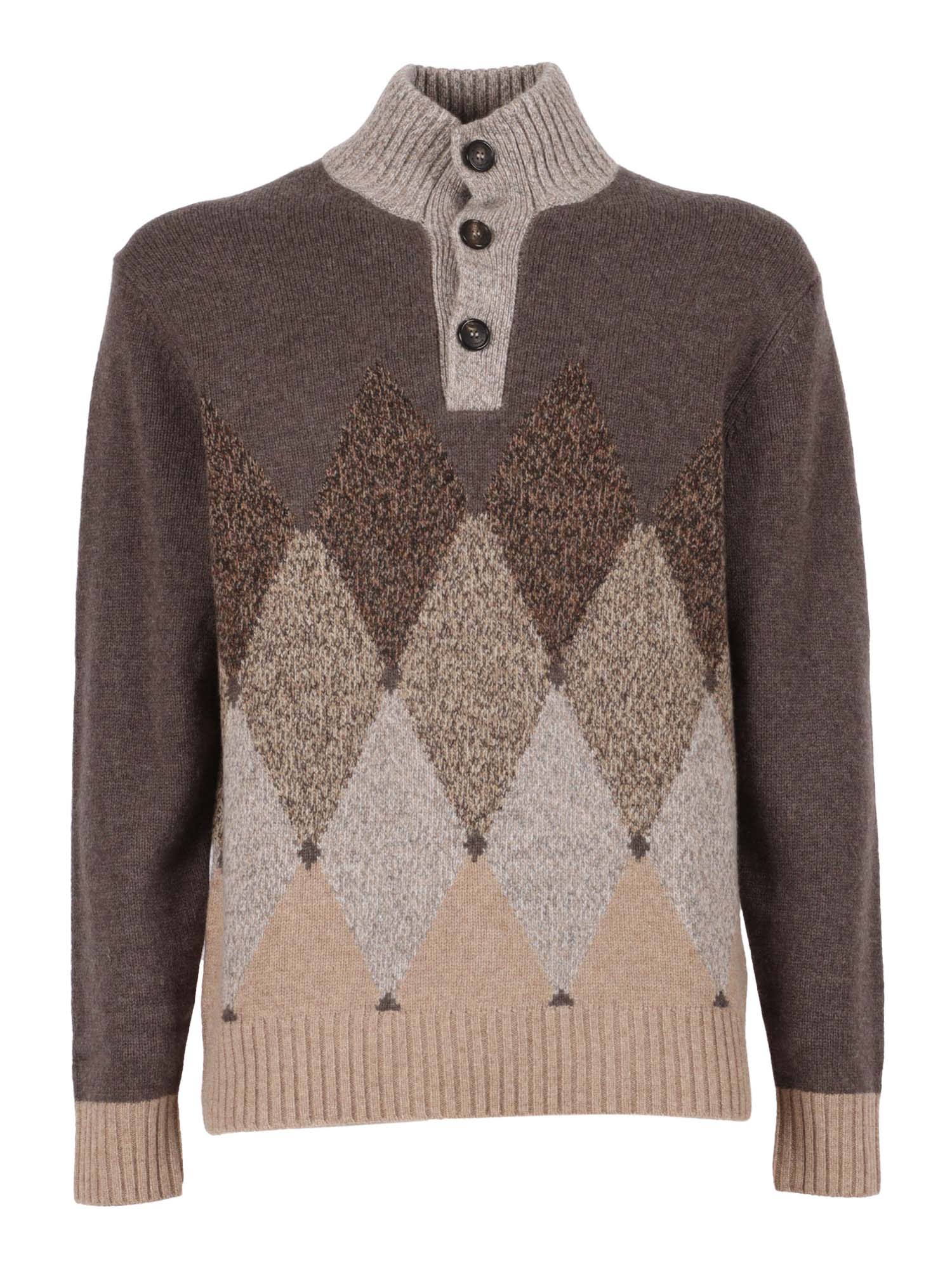 Ballantyne Argyle Pattern Wool Sweater With Buttoned Turtleneck In Multi