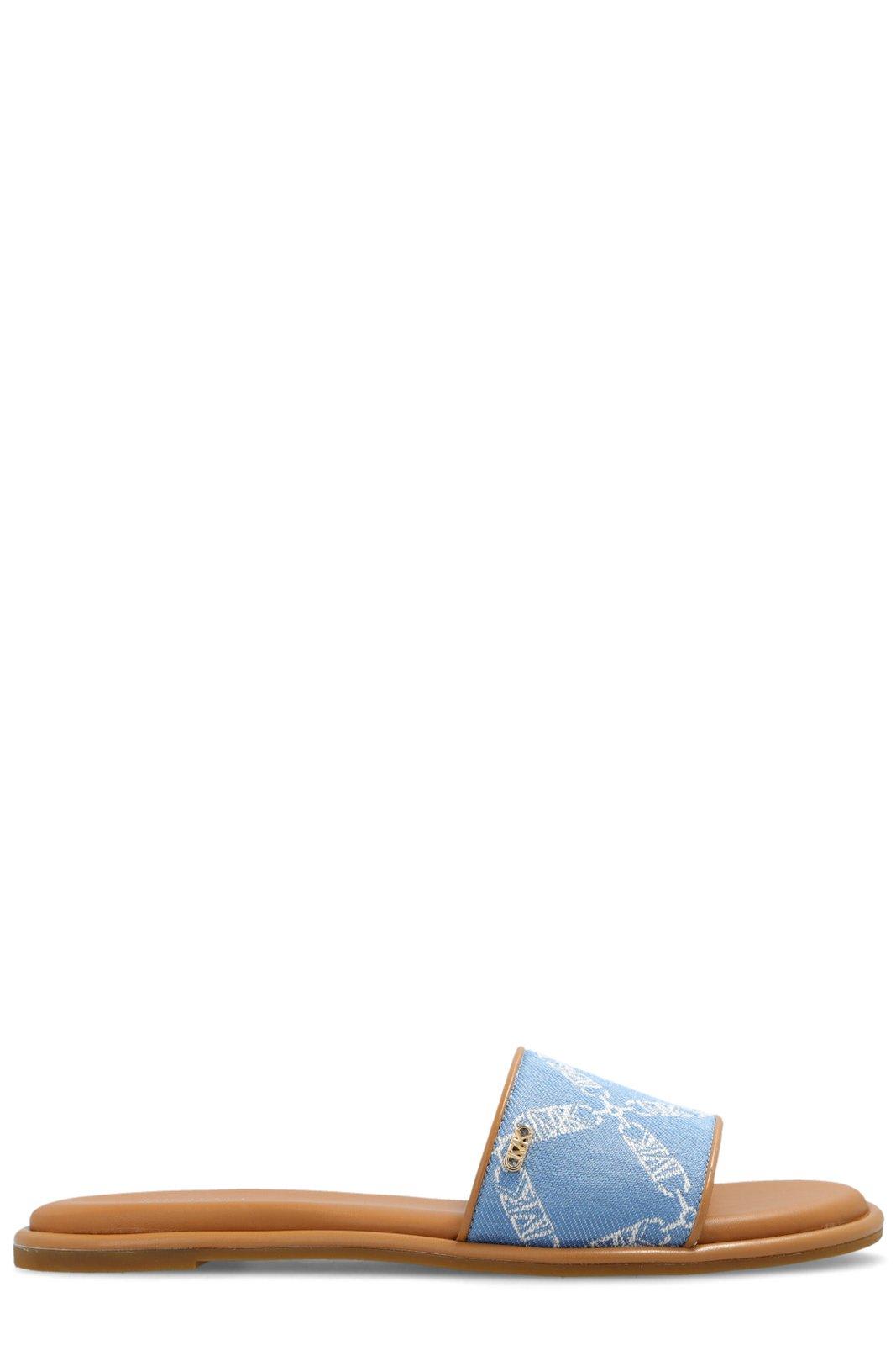 Shop Michael Michael Kors Monogram Jacquard Open Toe Slides In Clear Blue