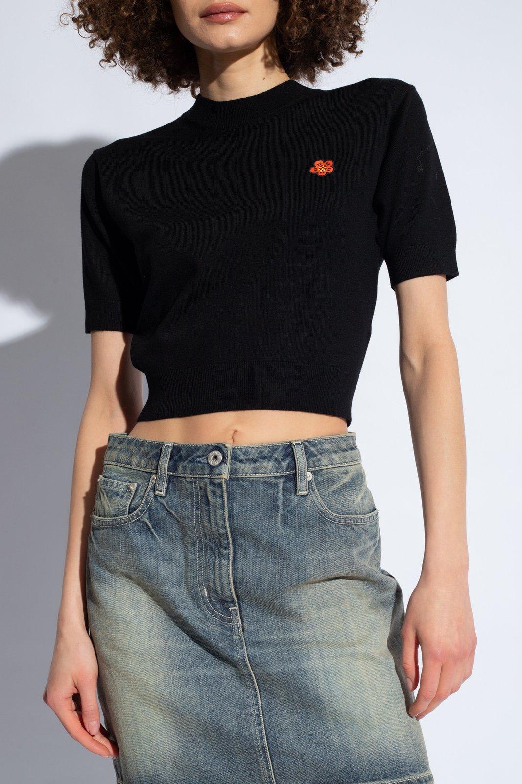 Shop Kenzo Boke Flower Embroidered Knit Cropped Top In Black