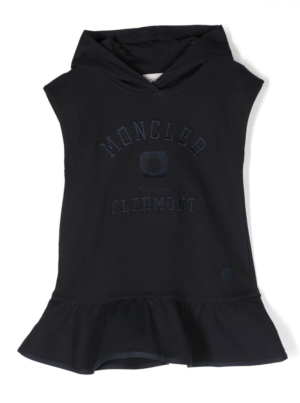 Moncler Kids' Blue Sleeveless Hooded Dress With Tonal Logo Embroidery In Cotton Blend Girl