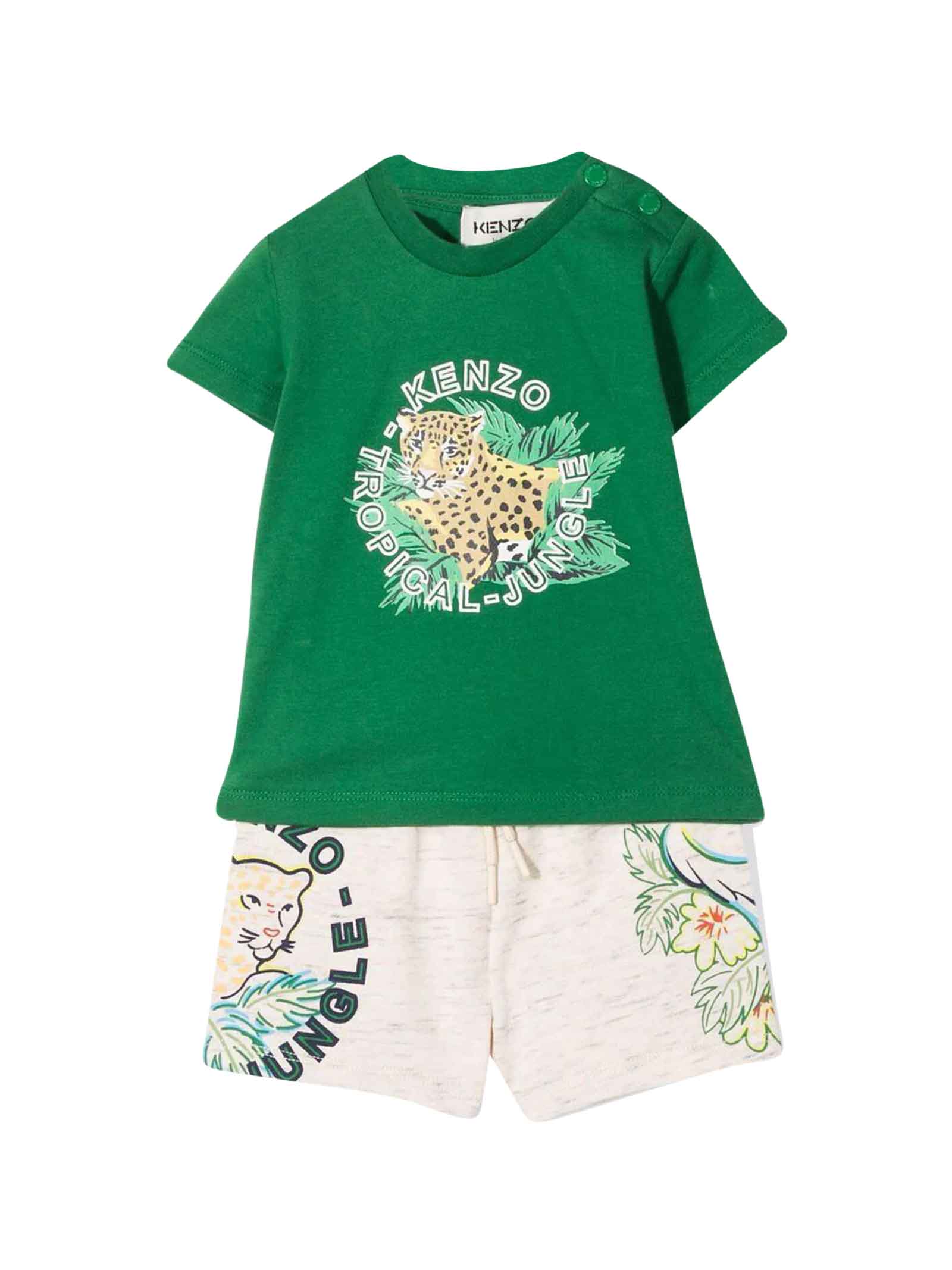 Kenzo Kids Newborn Two-piece Set With Green T-shirt And Gray Shorts, With Front Print, Round Neckline, Buttoning On The Shoulder, Short Sleeves, Straight Hem By