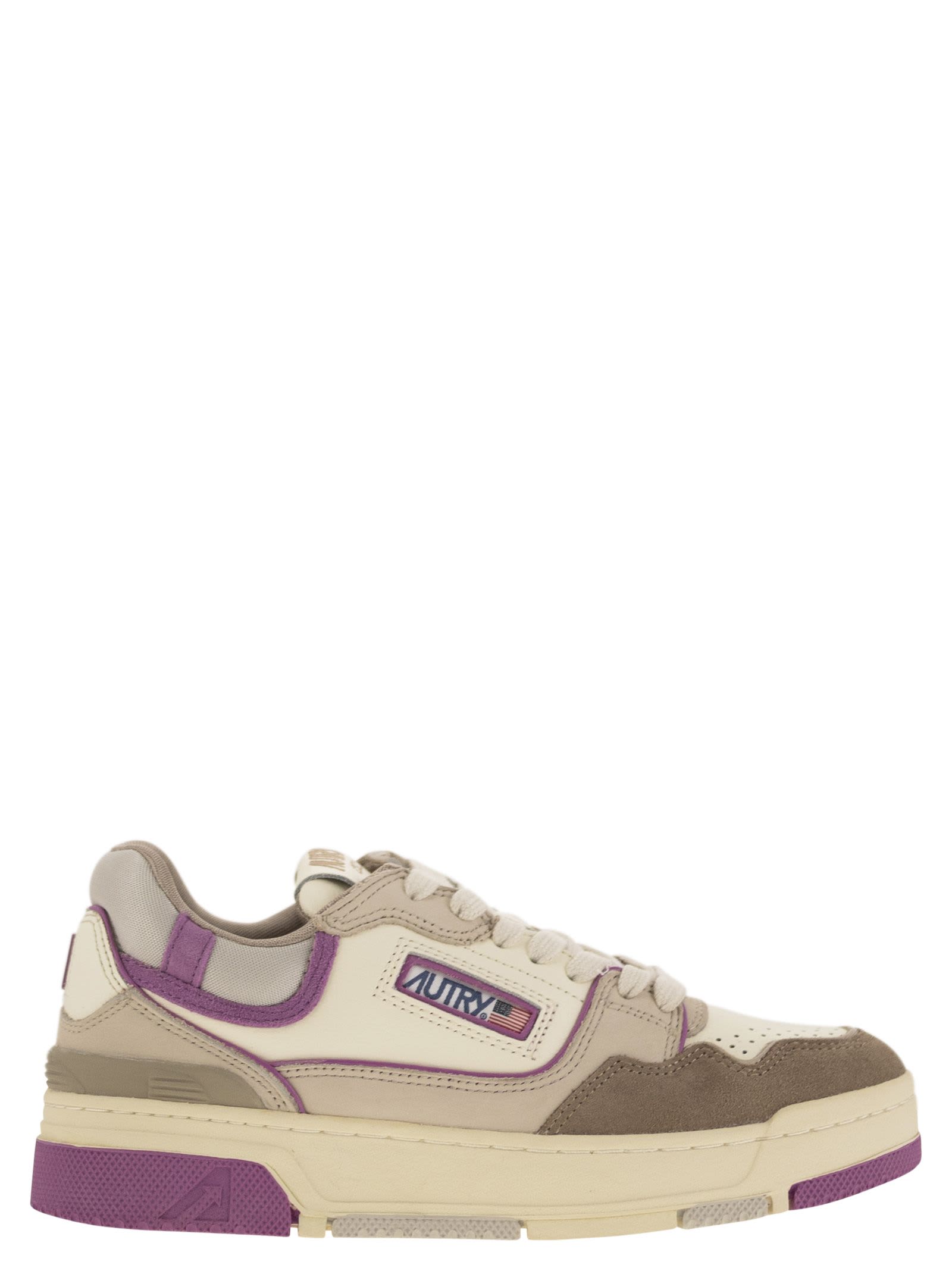 Shop Autry Clc - Leather Trainers In White/grey/fuchsia/tobacco