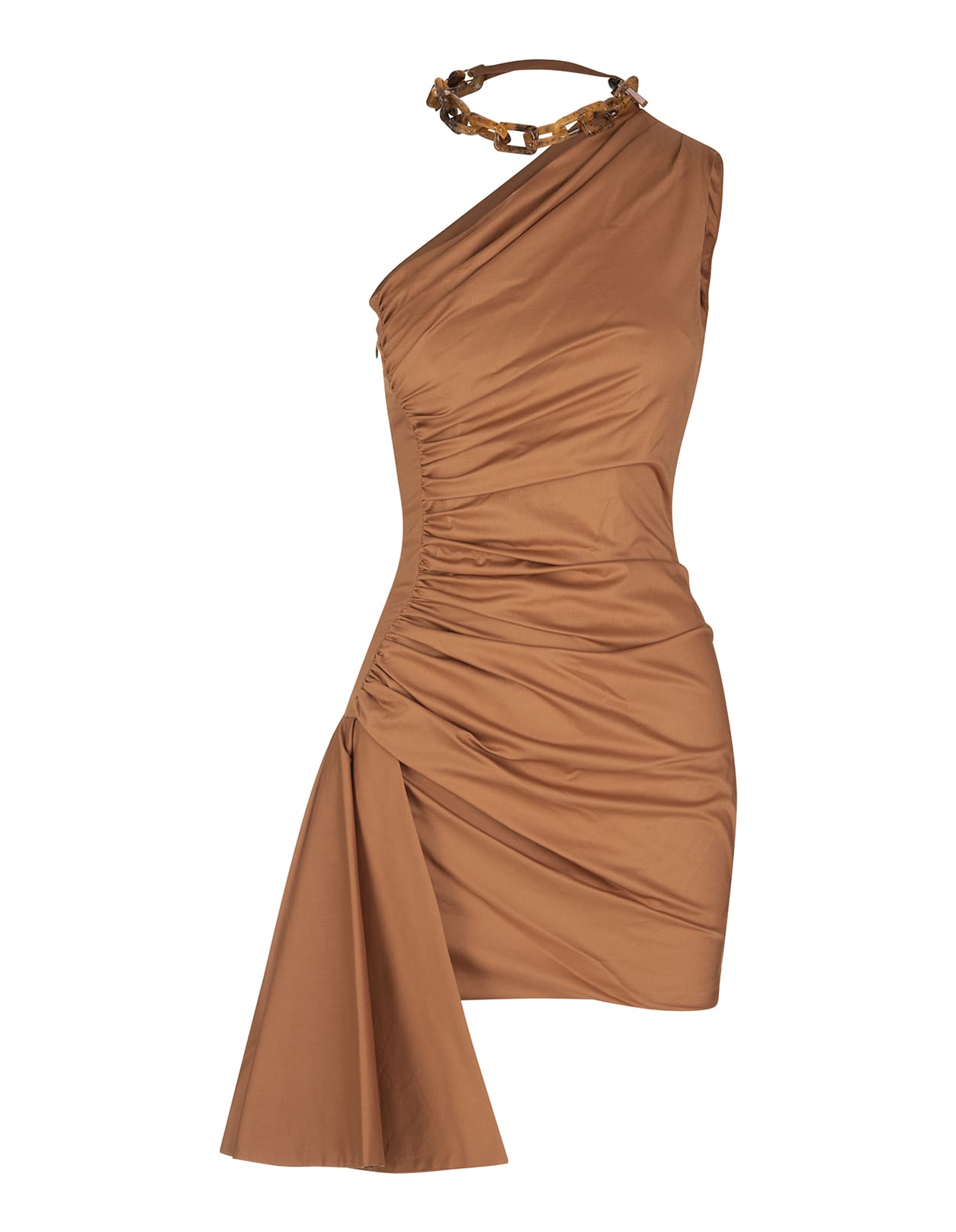 Giuseppe di Morabito Short Camel One Shoulder Dress With Draping And Chain Detail