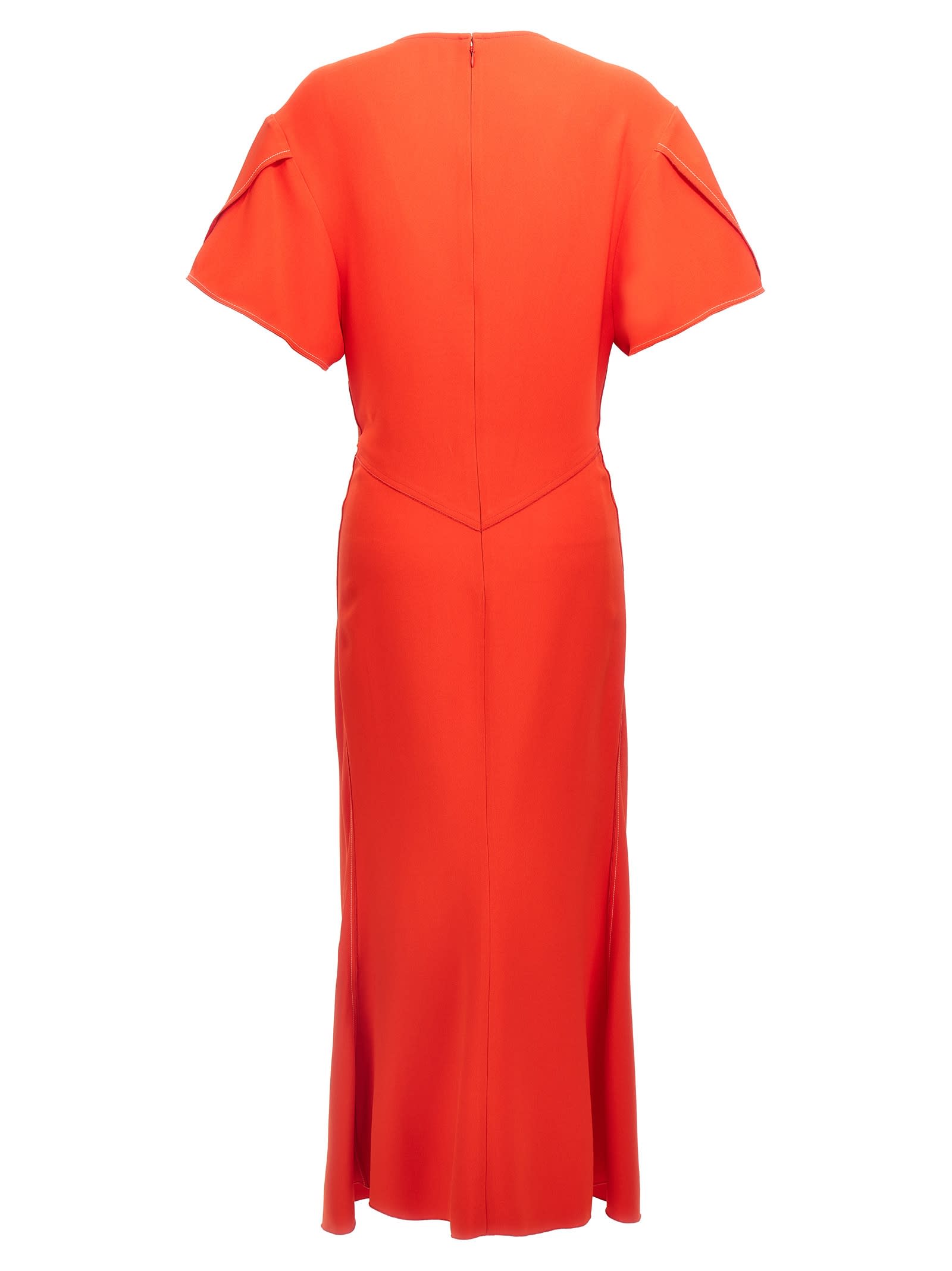 Victoria Beckham Gathered V Neck Midi Dress Tomato