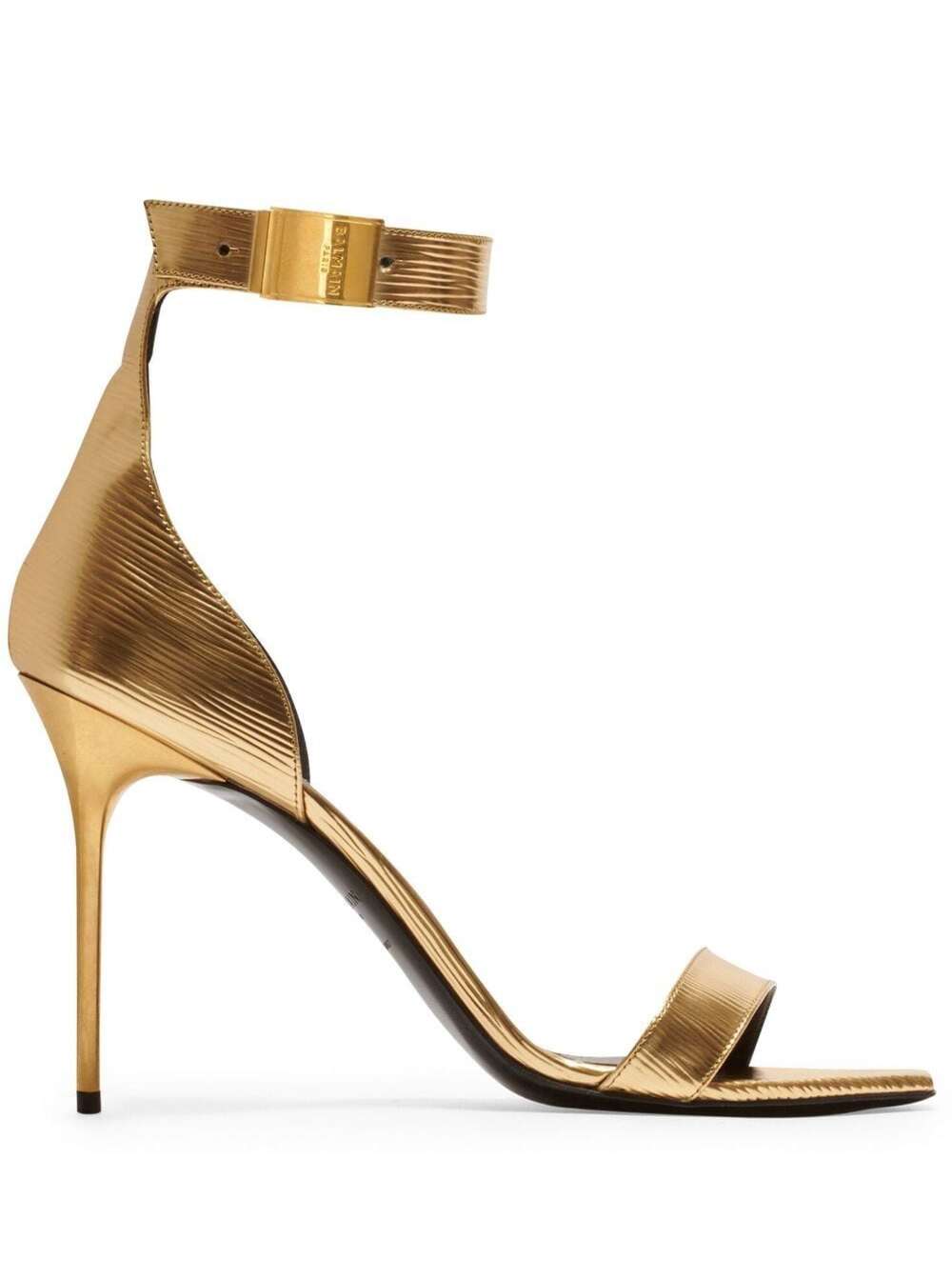 BALMAIN GOLD-COLORED SANDALS WITH LOGO AND STILETTO HEEL IN LAMINATED LEATHER WOMAN