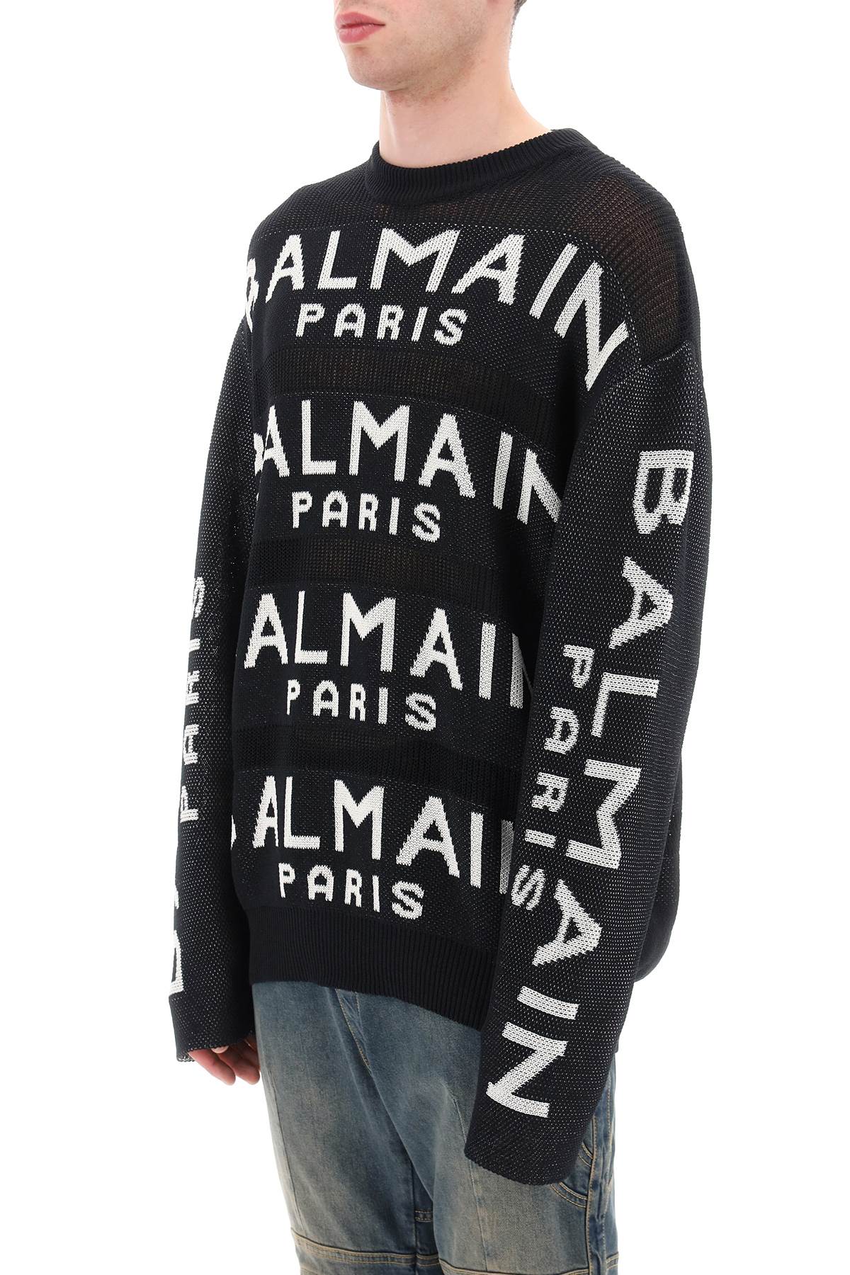 Shop Balmain Cotton Pullover With All-over Logo In Noir Blanc (black)