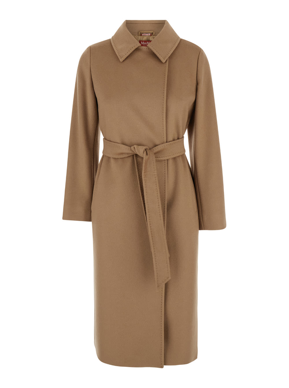 Shop Max Mara Beige Double-breasted Coat With Belt In Wool Woman In Camel