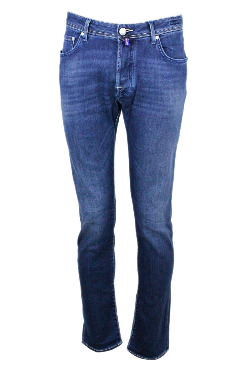 Jacob Cohen Natural Indigo 5-pocket Stretch Denim Jeans With Buttons And Stitching In Contrasting Color