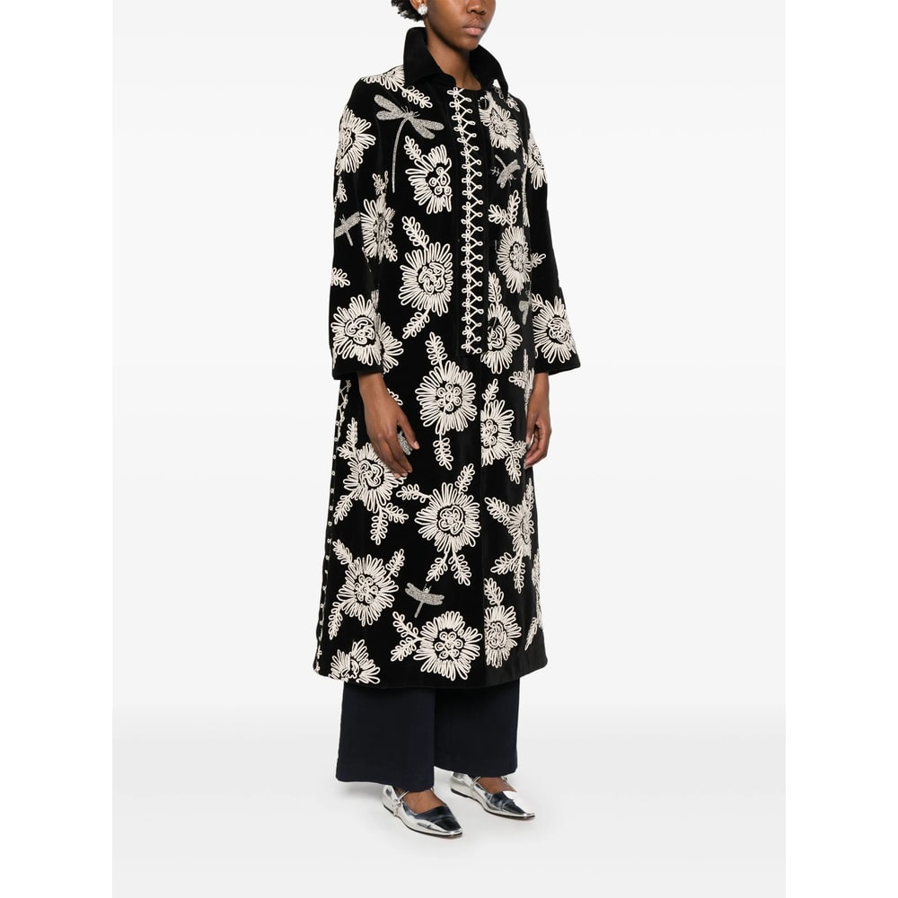 Forte Forte Long Coat With Floral Embroidery And Pockets In Black