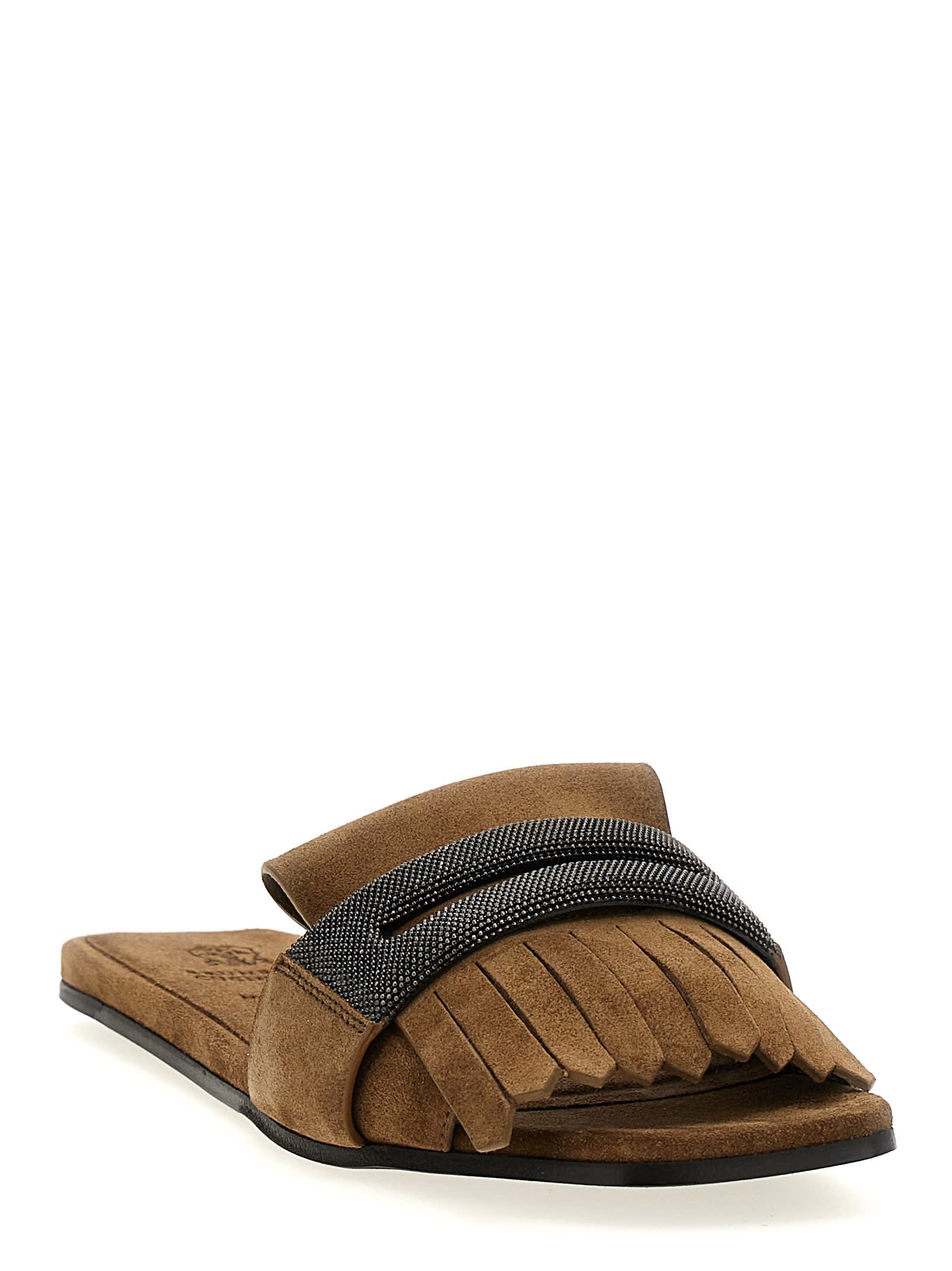 Brunello Cucinelli Fringed Flat Sole Open Toe Sandal In Beige