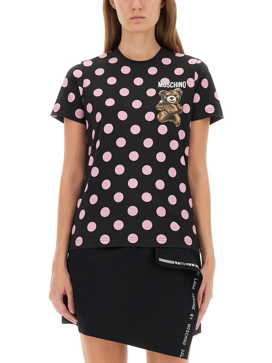 Moschino Graphic Print Polka Dot Crew Neck Top In Black