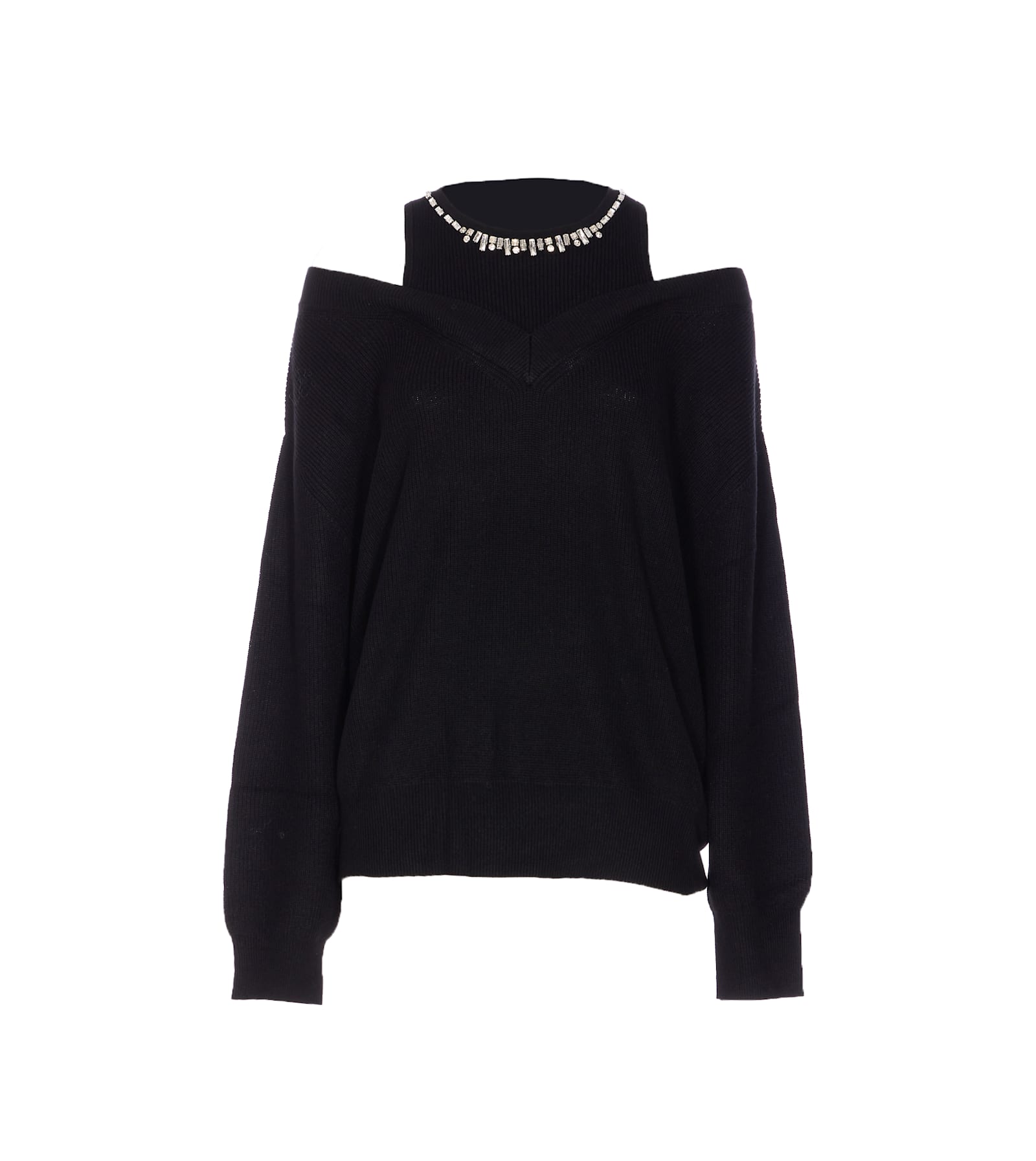 Liu •jo Off-shoulder Black Knit Sweater With Elegant Embellishments In Black