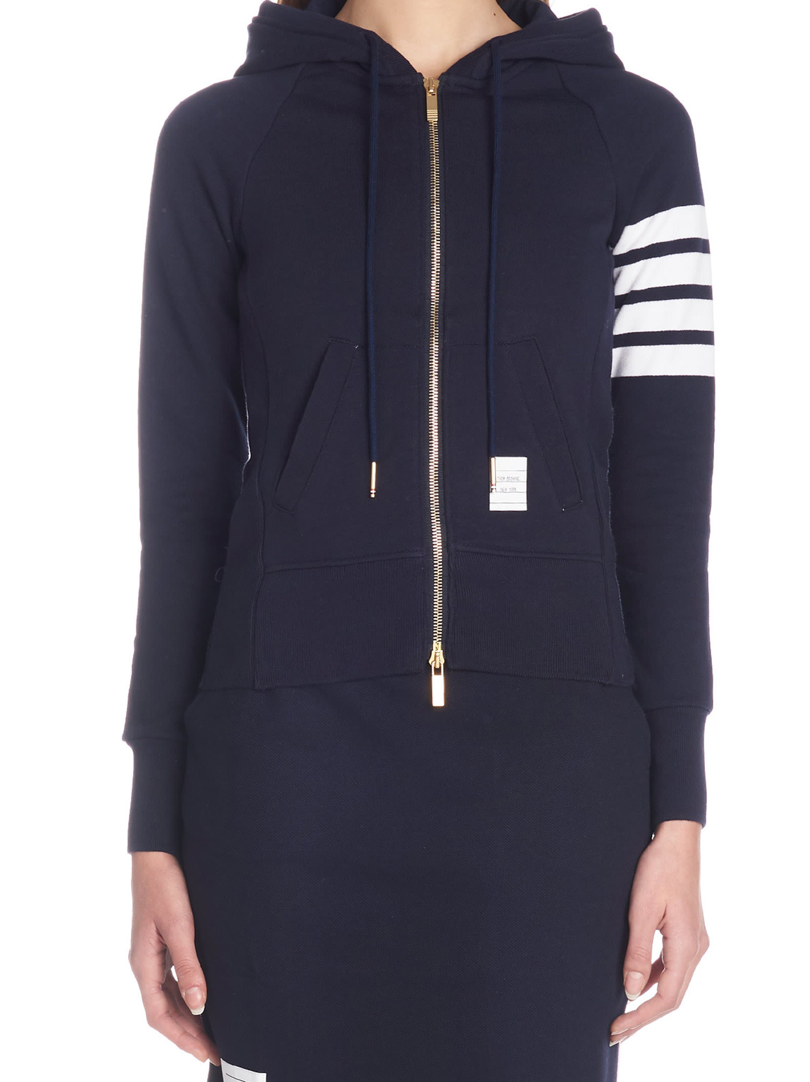 Thom Browne Fitted Blue Zipper Hoodie With Contrasting Stripes In Navy