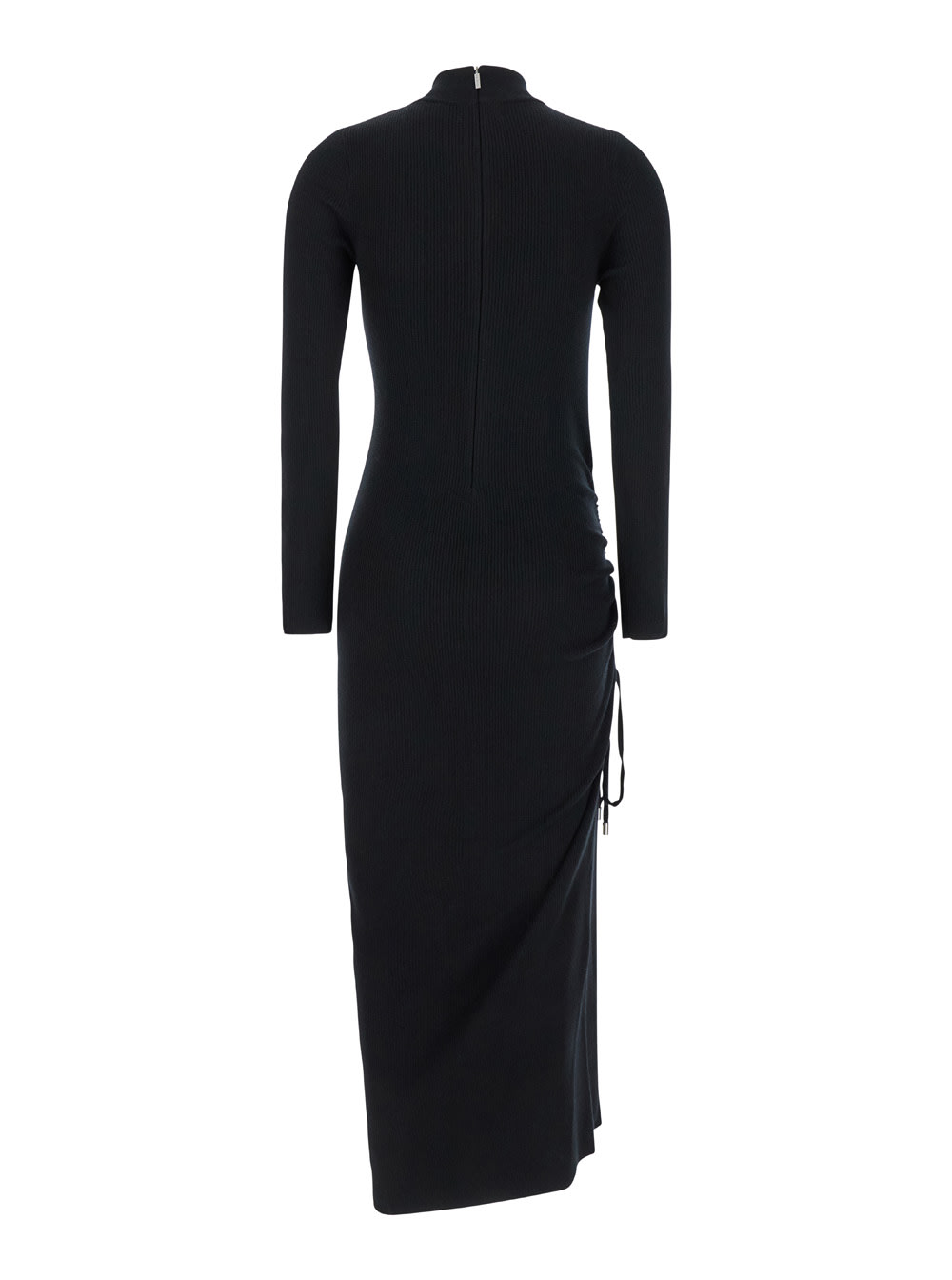 Shop Michael Michael Kors Black Crewneck Midi Dress With Ruched Detail In Wool Woman