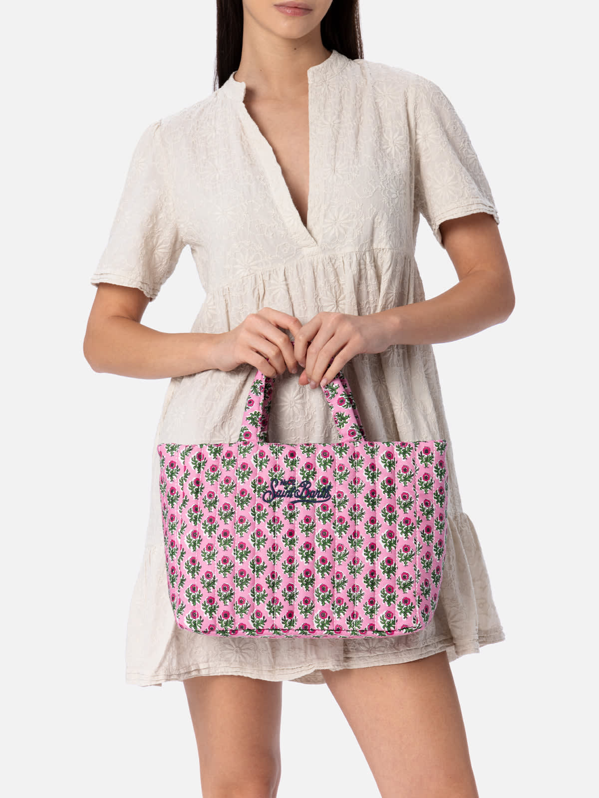 Mc2 Saint Barth Pink Flower Quilted Soft Tote Mid Bag In Pink