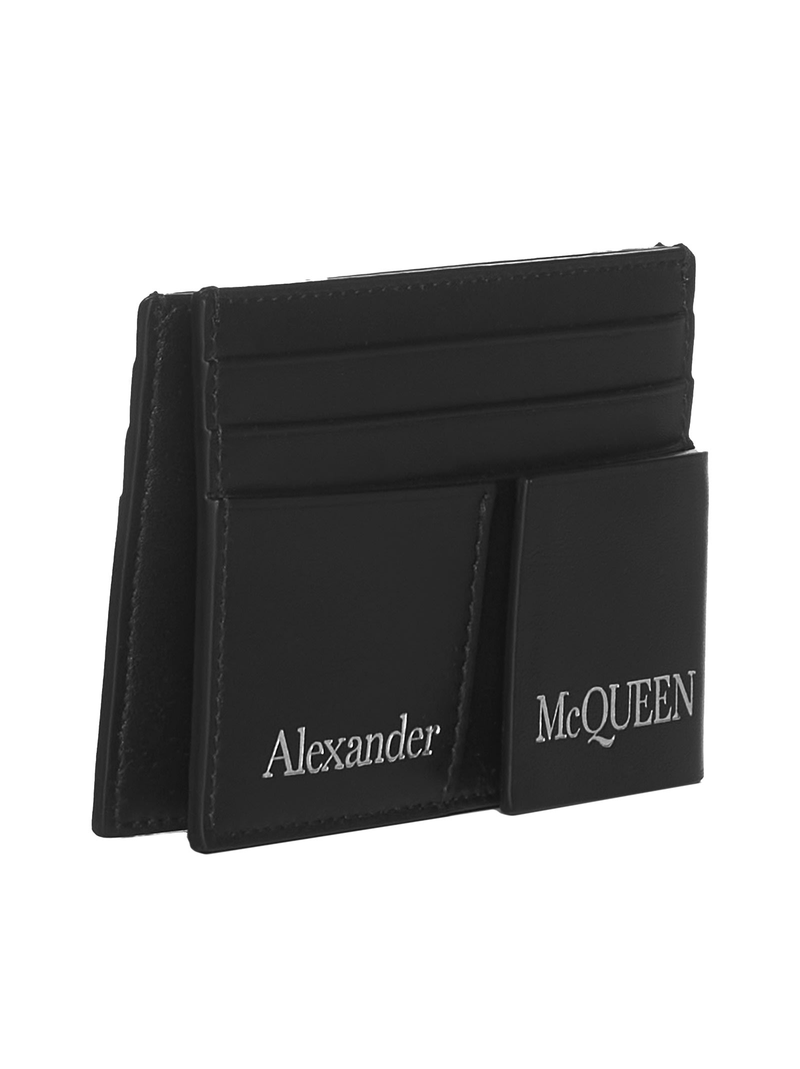 Alexander Mcqueen Double Card Holder In Black Leather With Logo In Nero