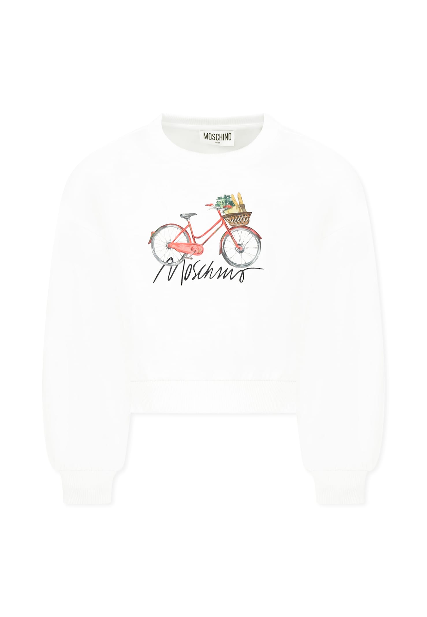 Moschino White Crop Sweatshirt For Girl With Bicycle Print In White