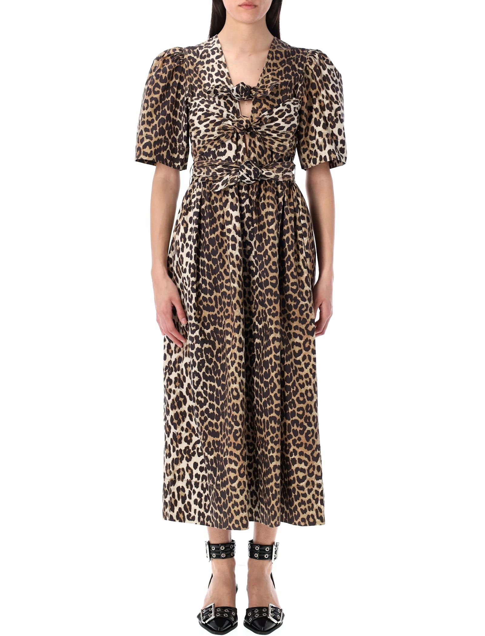 Ganni Leopard Printed Tie Strap Midi Dress
