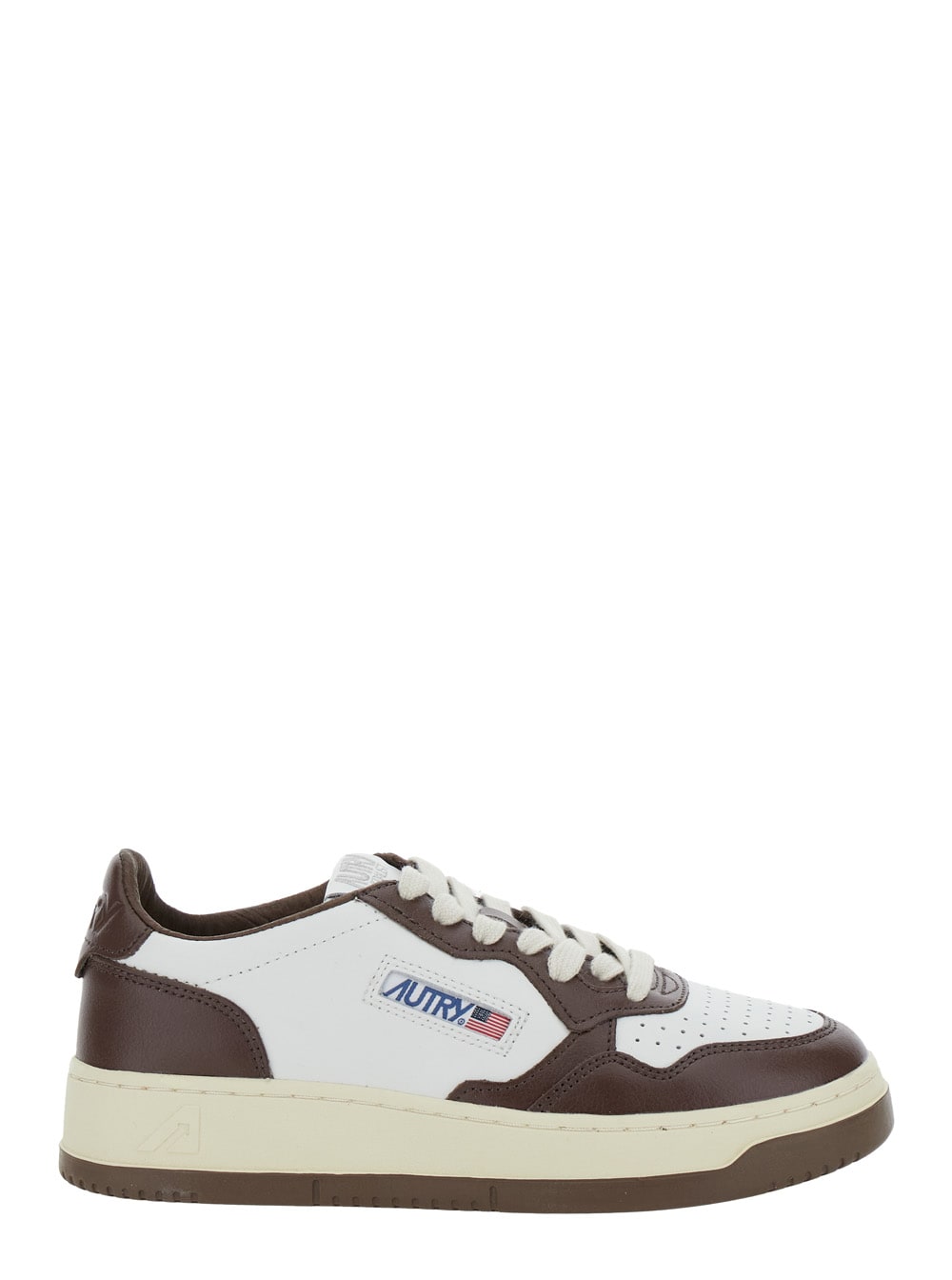 Shop Autry Medalist Low White And Brown Low Top Sneakers With Logo Patch In Leather Woman