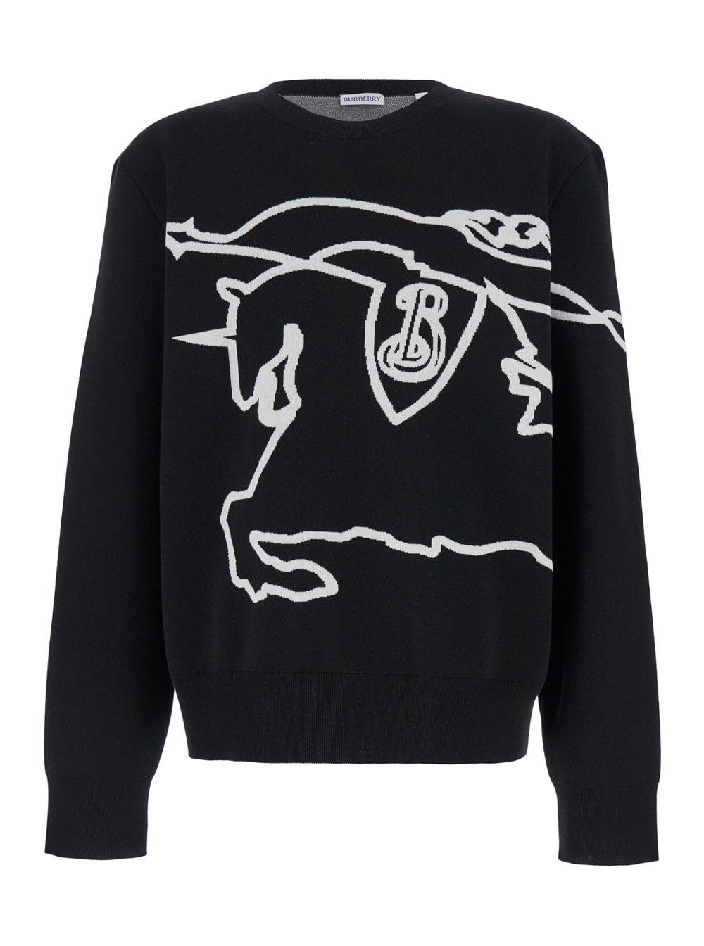 Shop Burberry Black Crewneck Sweater With Maxi Ekd Logo On The Front In Cotton Blend Man