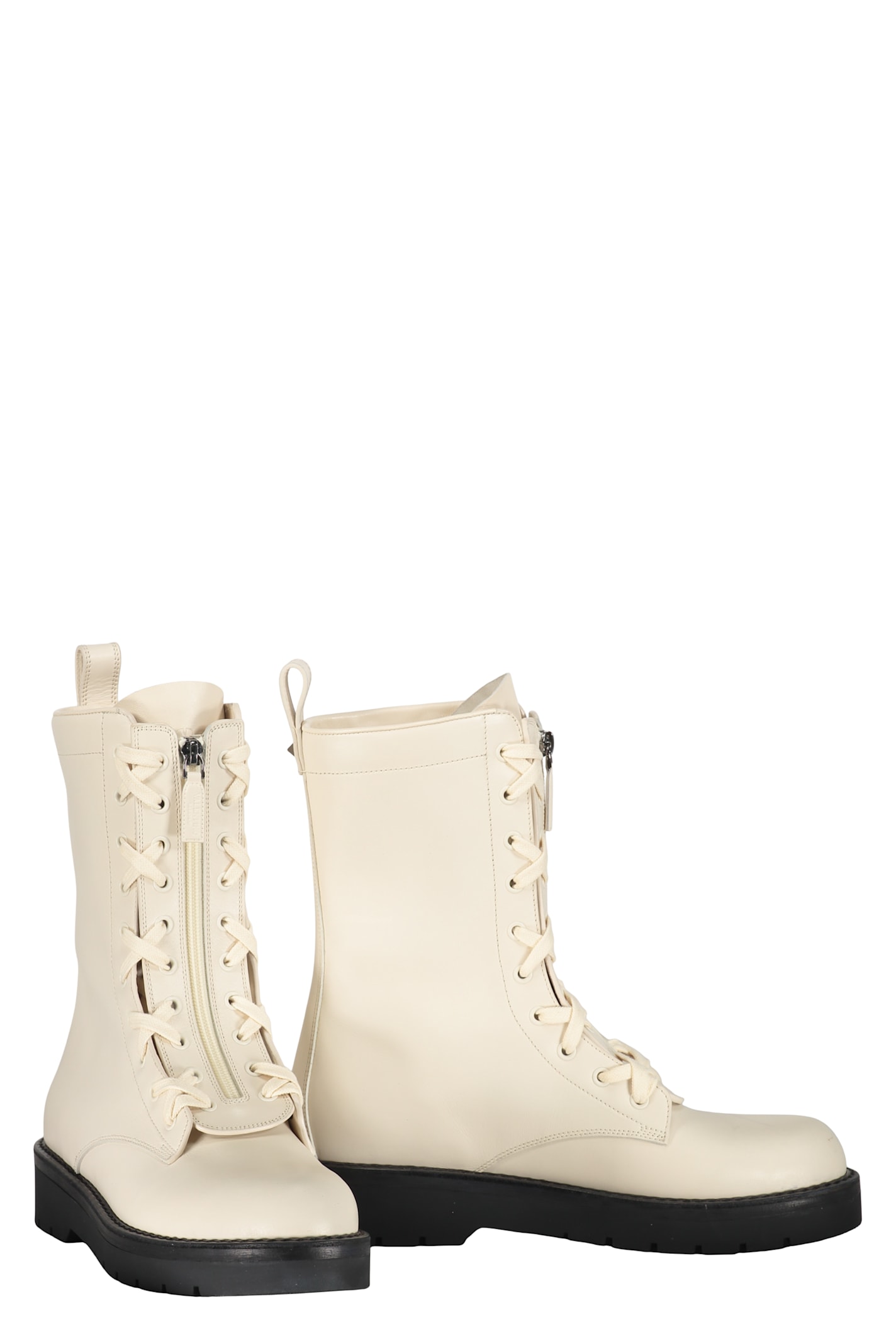 Valentino Leather Lace-up Boots In Ivory