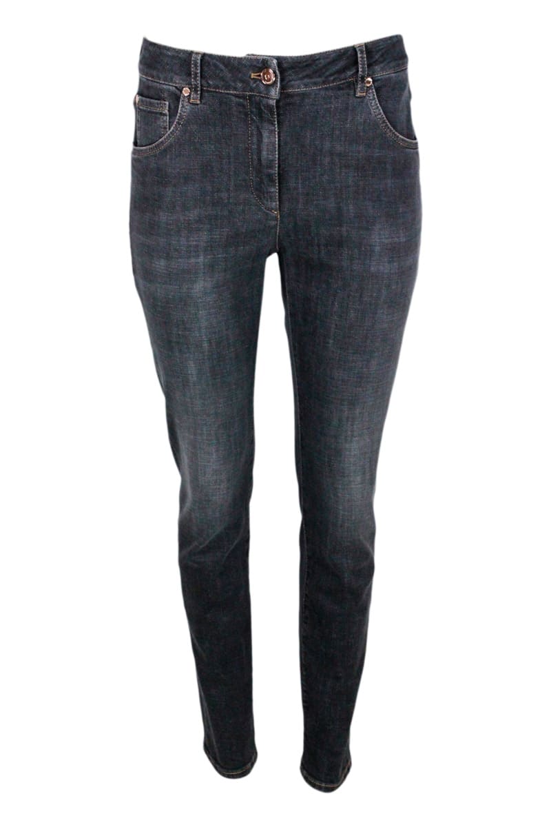 Brunello Cucinelli Slim Trousers In Stretch Denim With Contrasting Stitching